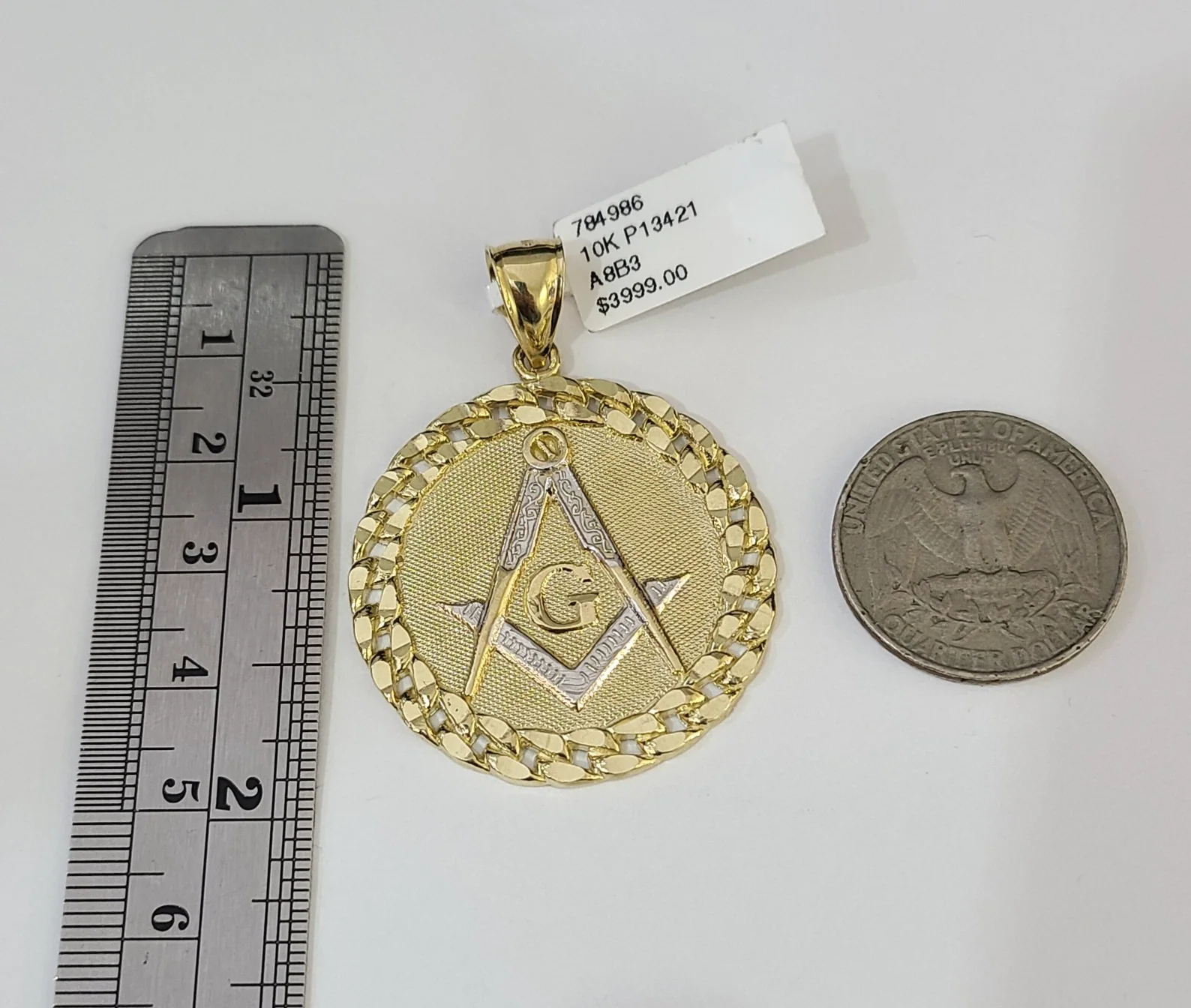 REAL 10k Yellow Gold Palm Chain Masonic Pendant Charm 3mm SET Necklace - Image 2
