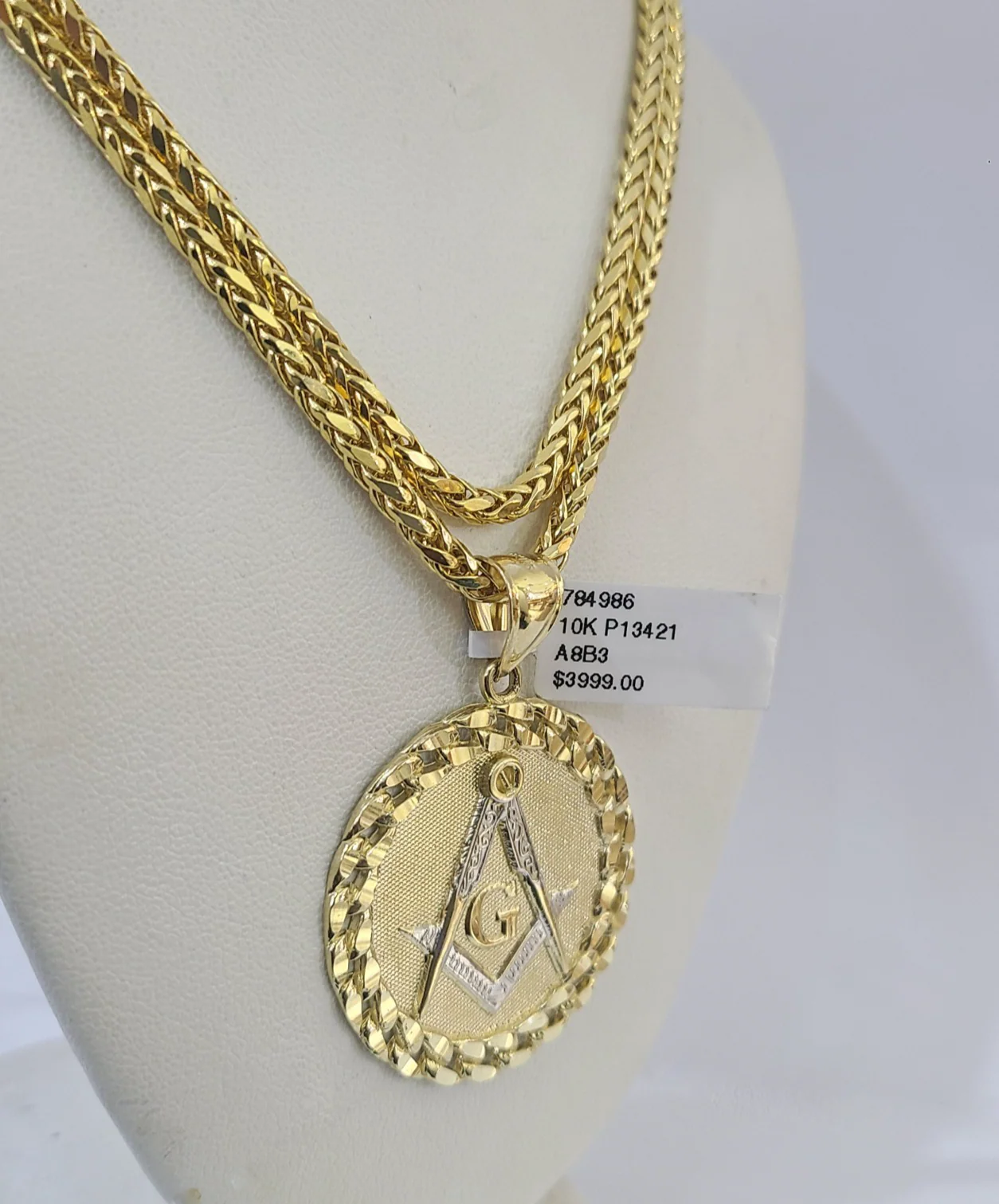REAL 10k Yellow Gold Palm Chain Masonic Pendant Charm 3mm SET Necklace - Image 3