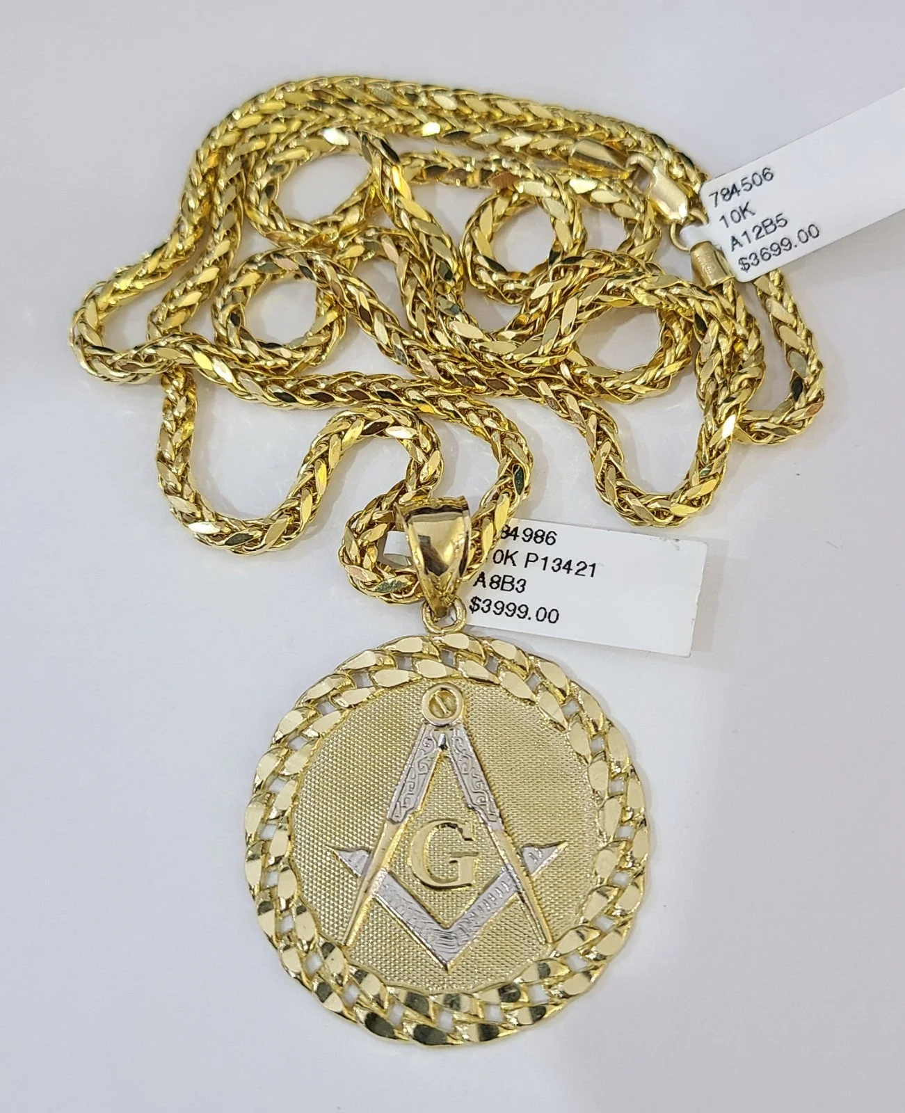 REAL 10k Yellow Gold Palm Chain Masonic Pendant Charm 3mm SET Necklace - Image 4