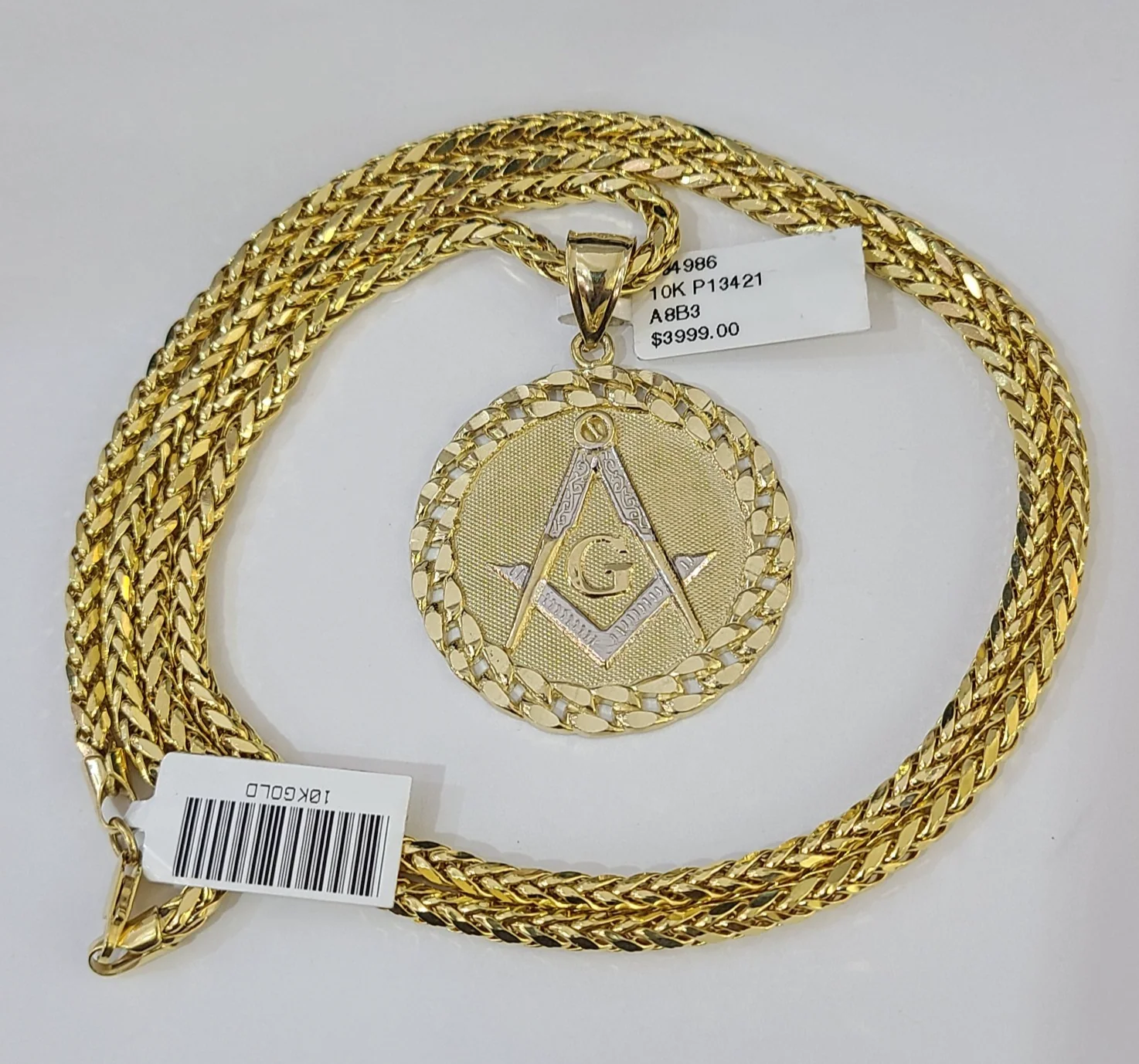 REAL 10k Yellow Gold Palm Chain Masonic Pendant Charm 3mm SET Necklace - Image 5