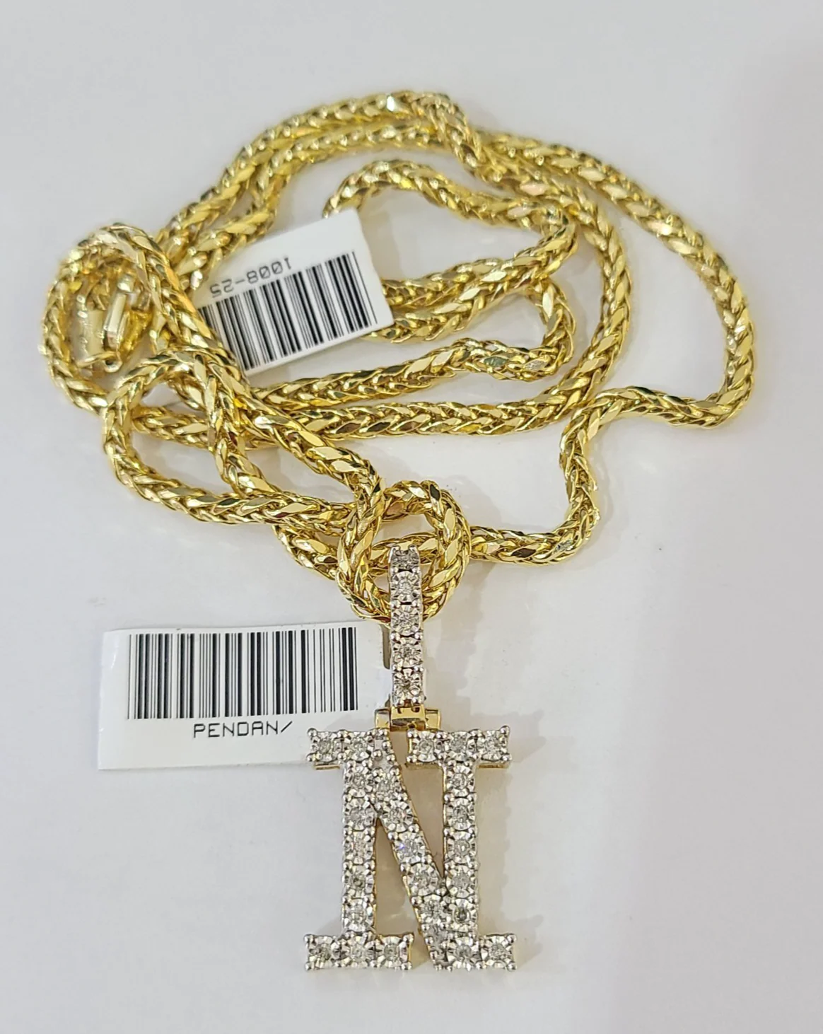 REAL 10k Yellow Gold Palm Chain N Diamond Initial Pendant Charm 3mm SET Necklace - Image 4