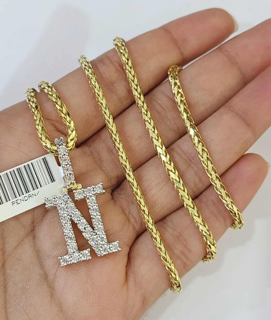 REAL 10k Yellow Gold Palm Chain N Diamond Initial Pendant Charm 3mm SET Necklace - Image 5