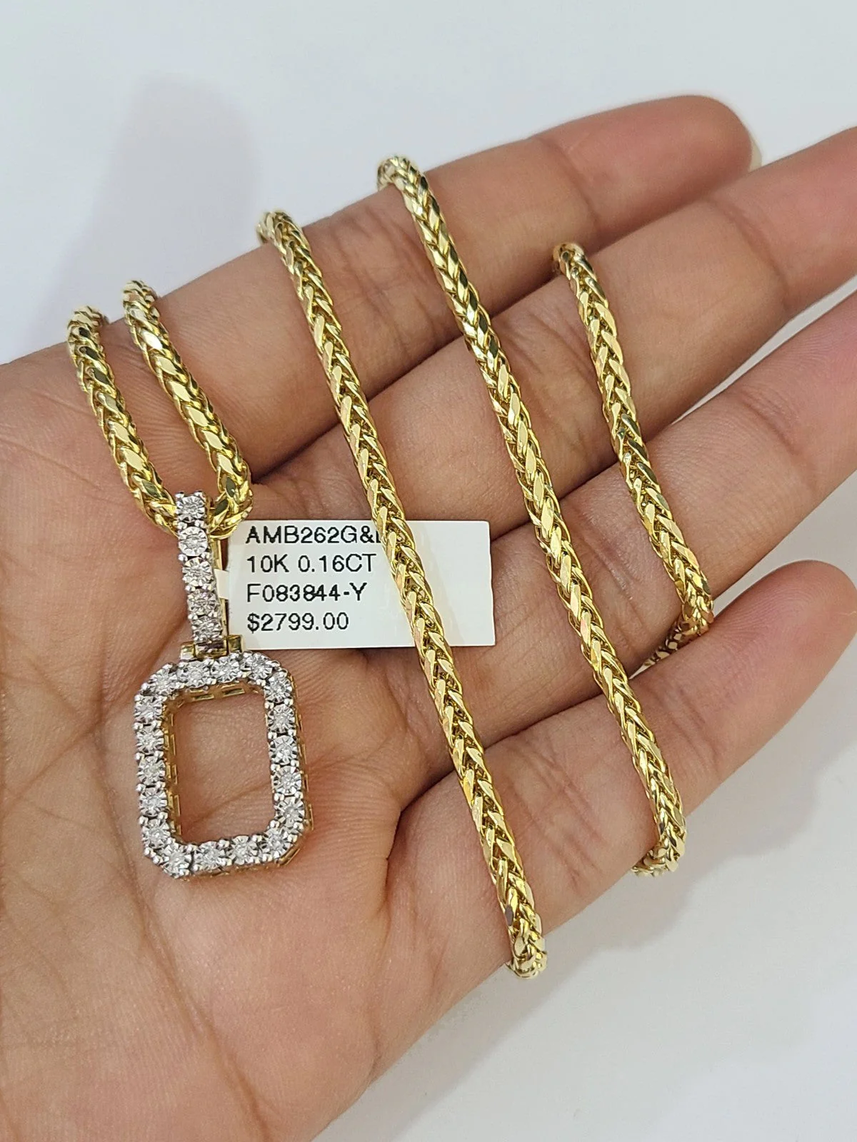 REAL 10k Yellow Gold Palm Chain O Diamond Initial Pendant Charm 3mm SET Necklace - Image 4