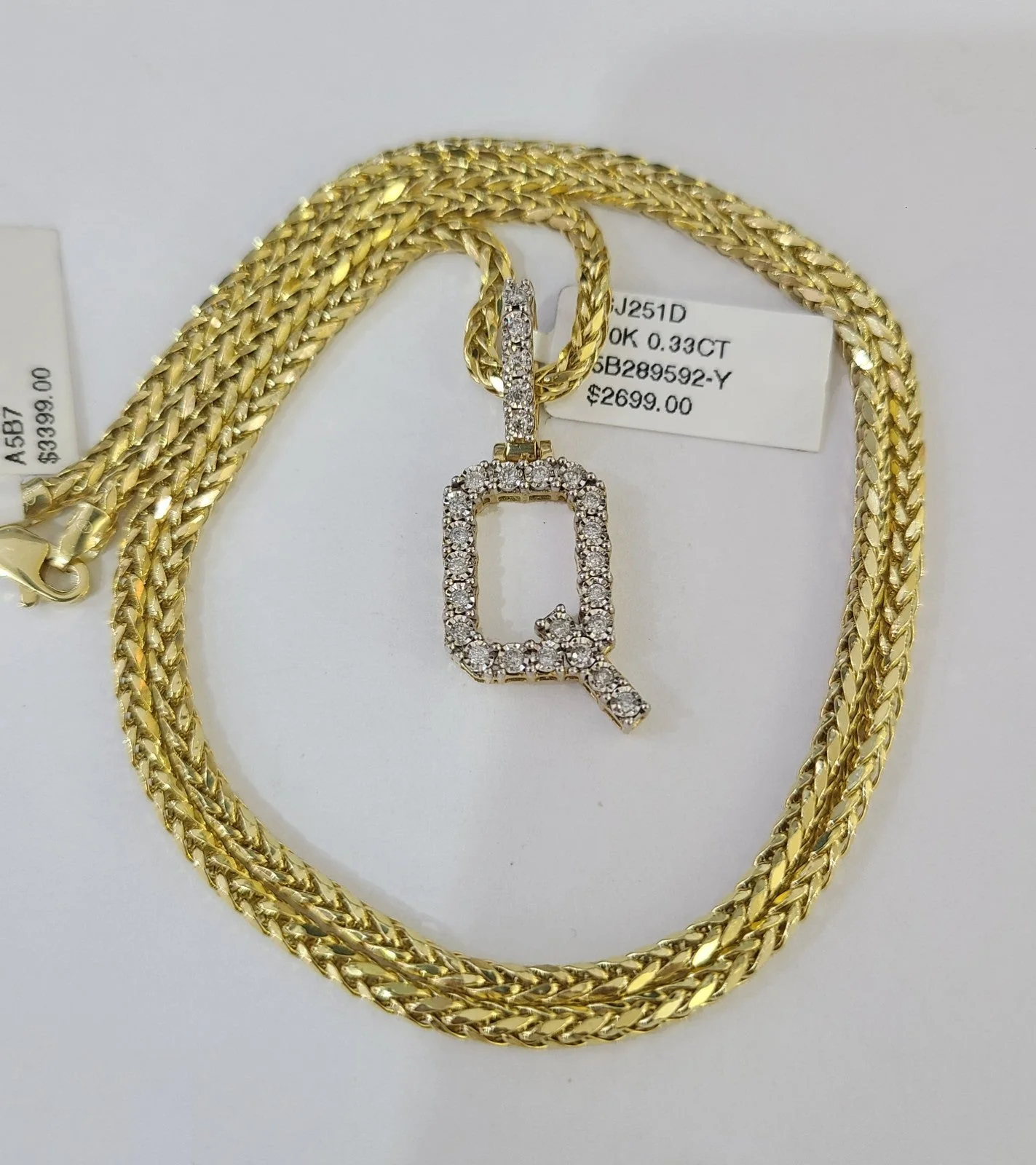 REAL 10k Yellow Gold Palm Chain Q Diamond Initial Pendant Charm 3mm SET Necklace - Image 6