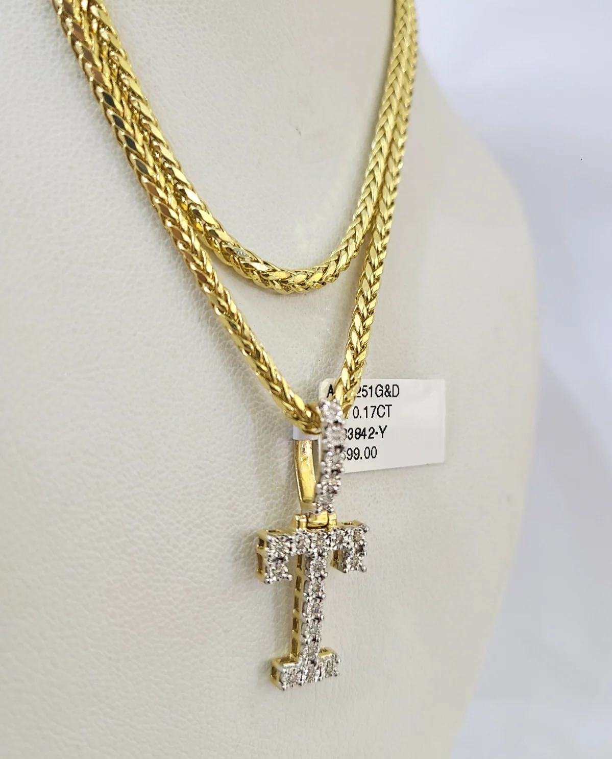 REAL 10k Yellow Gold Palm Chain T Diamond Initial Pendant Charm 3mm SET Necklace - Image 3