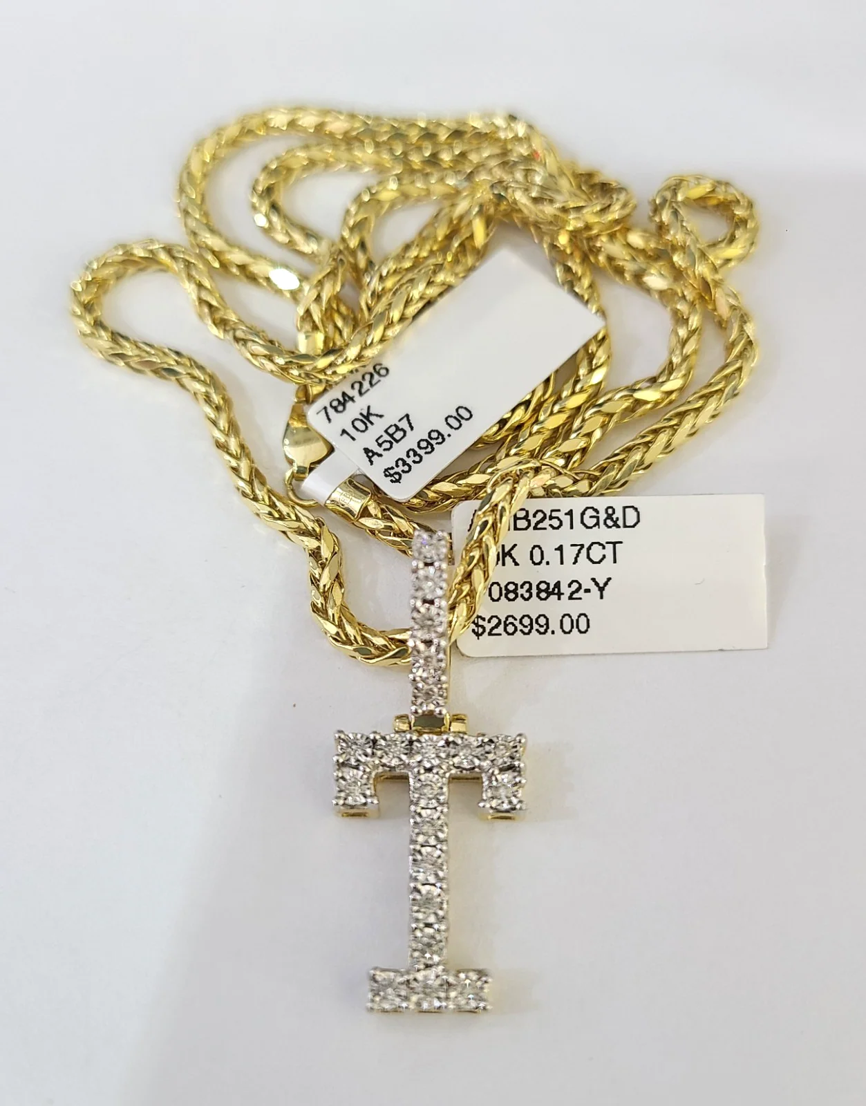 REAL 10k Yellow Gold Palm Chain T Diamond Initial Pendant Charm 3mm SET Necklace - Image 4