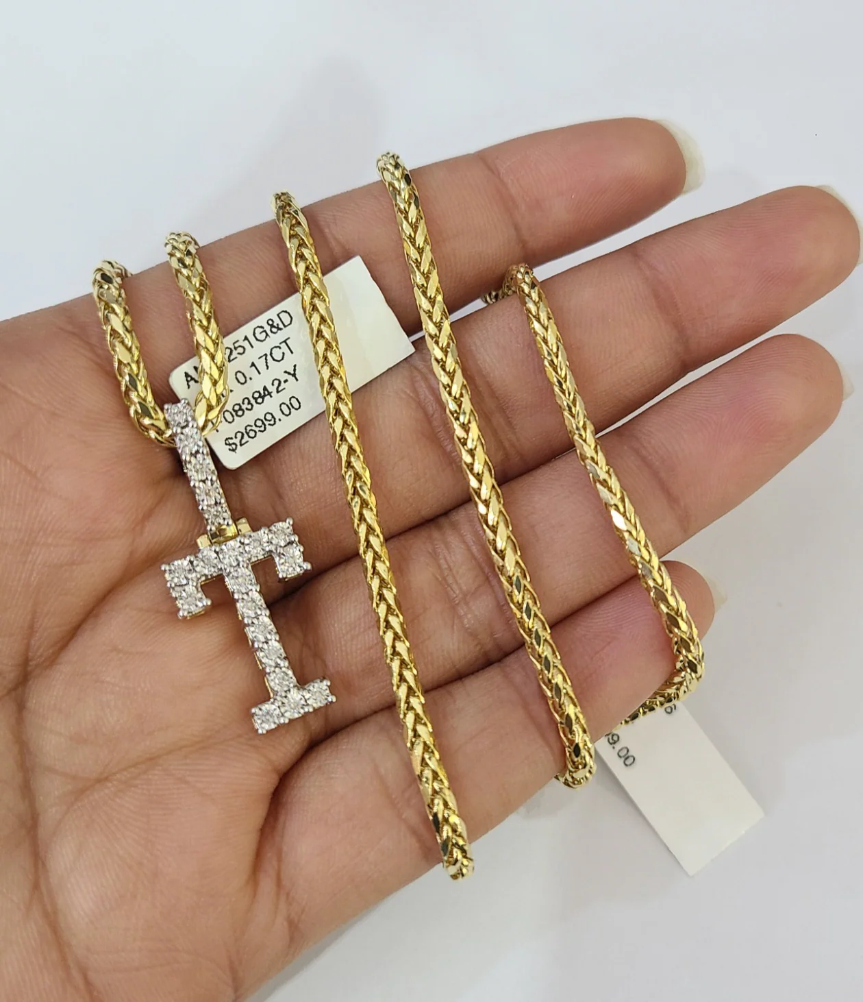 REAL 10k Yellow Gold Palm Chain T Diamond Initial Pendant Charm 3mm SET Necklace - Image 5