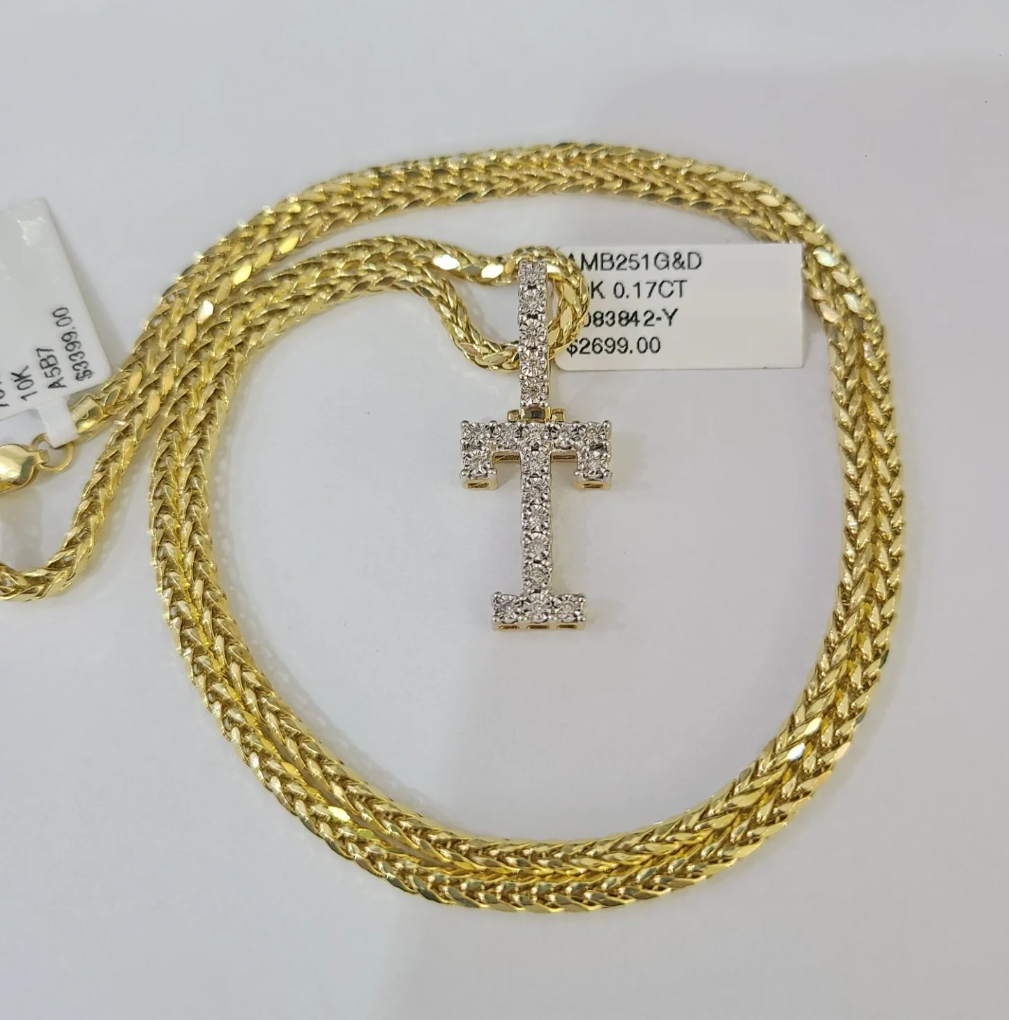 REAL 10k Yellow Gold Palm Chain T Diamond Initial Pendant Charm 3mm SET Necklace - Image 6