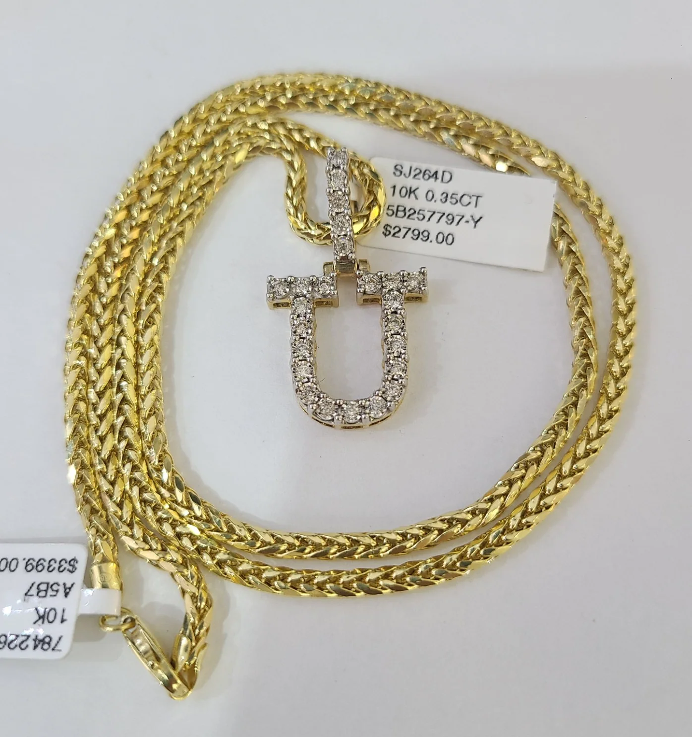 REAL 10k Yellow Gold Palm Chain U Diamond Initial Pendant Charm 3mm SET Necklace - Image 3