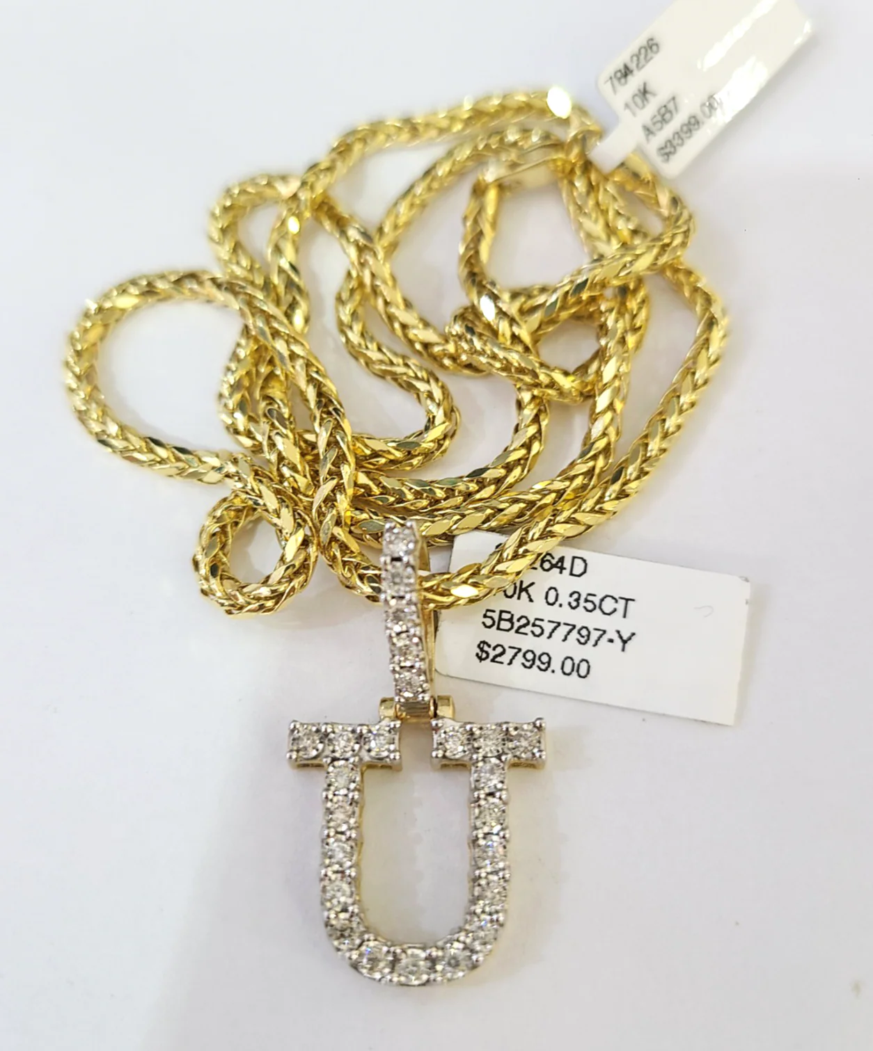 REAL 10k Yellow Gold Palm Chain U Diamond Initial Pendant Charm 3mm SET Necklace - Image 5