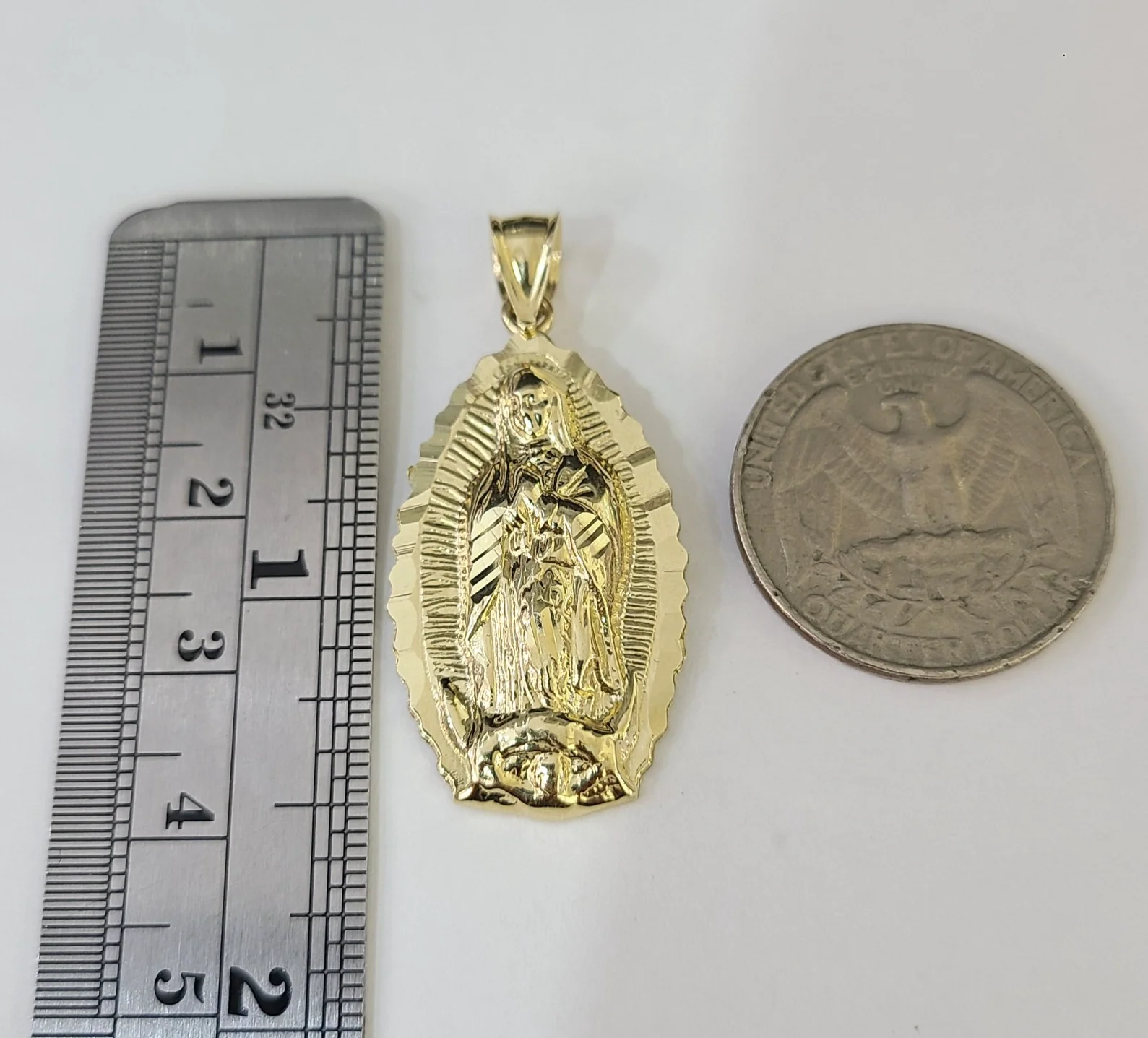 REAL 10k Yellow Gold Palm Chain Virgin Mary Pendant Charm 3mm SET Necklace - Image 2