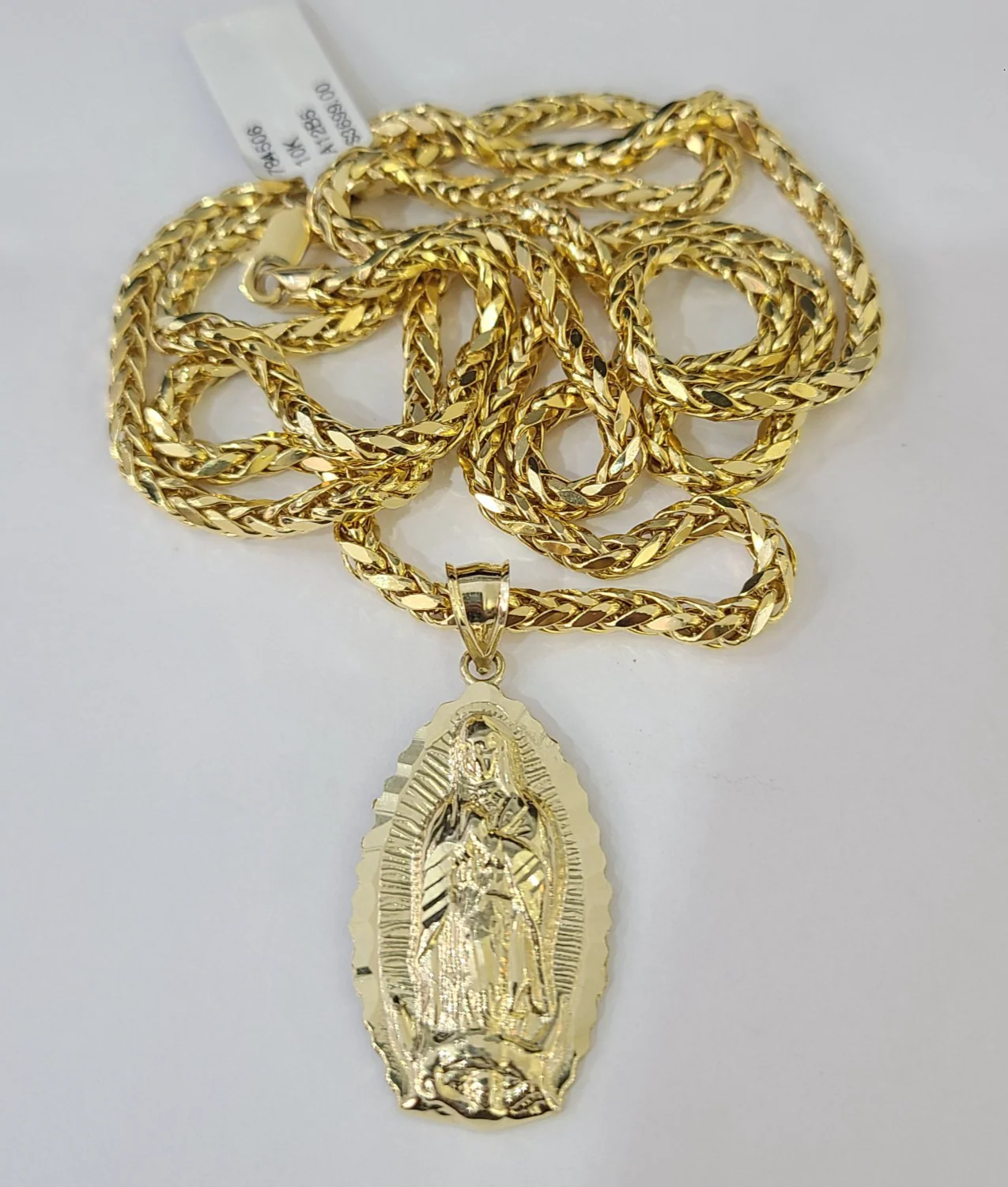 REAL 10k Yellow Gold Palm Chain Virgin Mary Pendant Charm 3mm SET Necklace - Image 3
