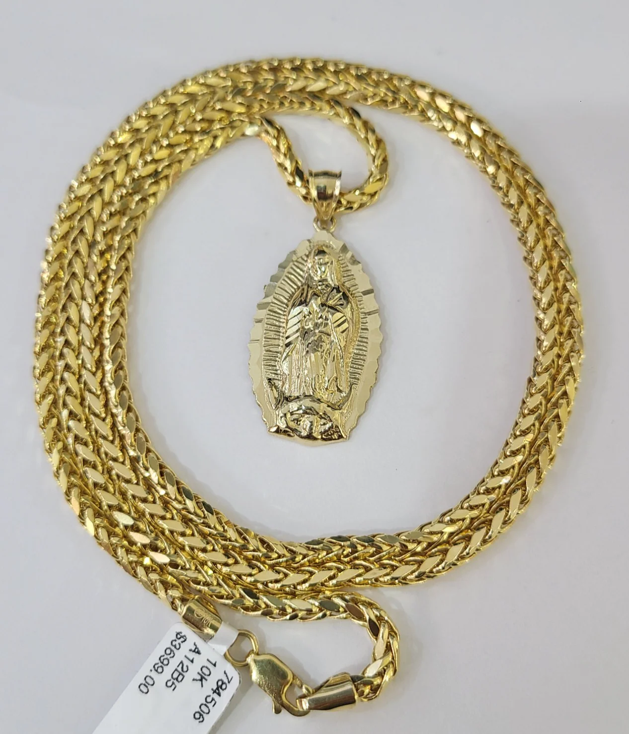 REAL 10k Yellow Gold Palm Chain Virgin Mary Pendant Charm 3mm SET Necklace - Image 4