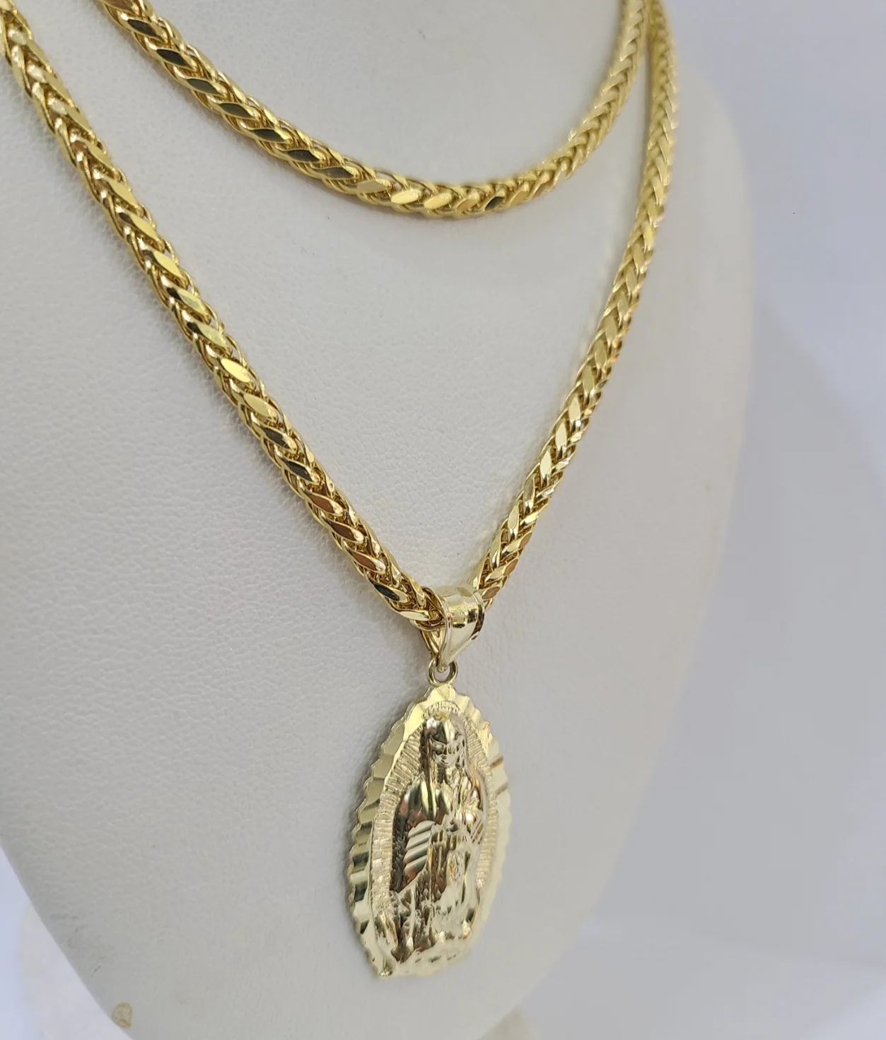 REAL 10k Yellow Gold Palm Chain Virgin Mary Pendant Charm 3mm SET Necklace - Image 5