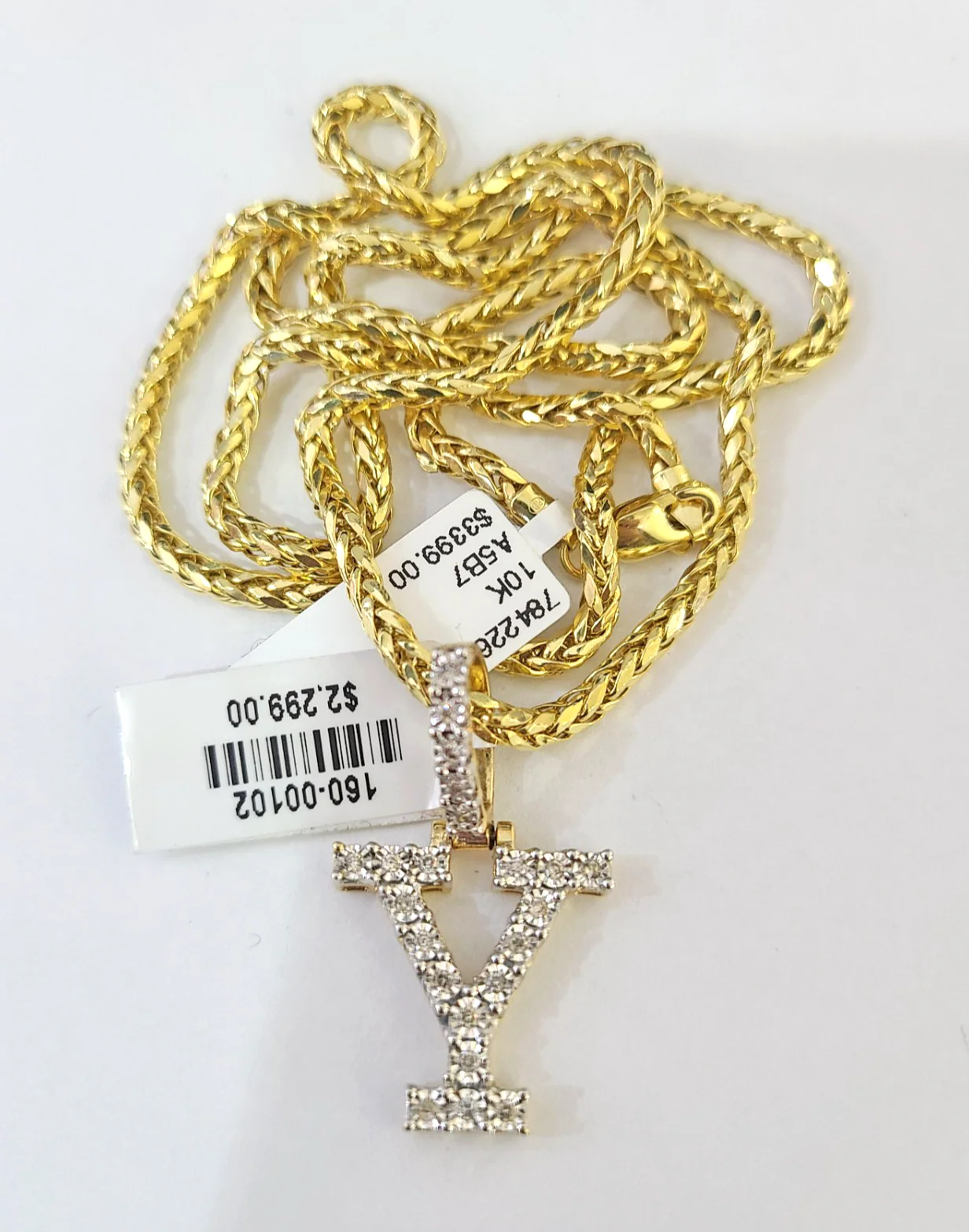 REAL 10k Yellow Gold Palm Chain Y Diamond Initial Pendant Charm 3mm SET Necklace - Image 3