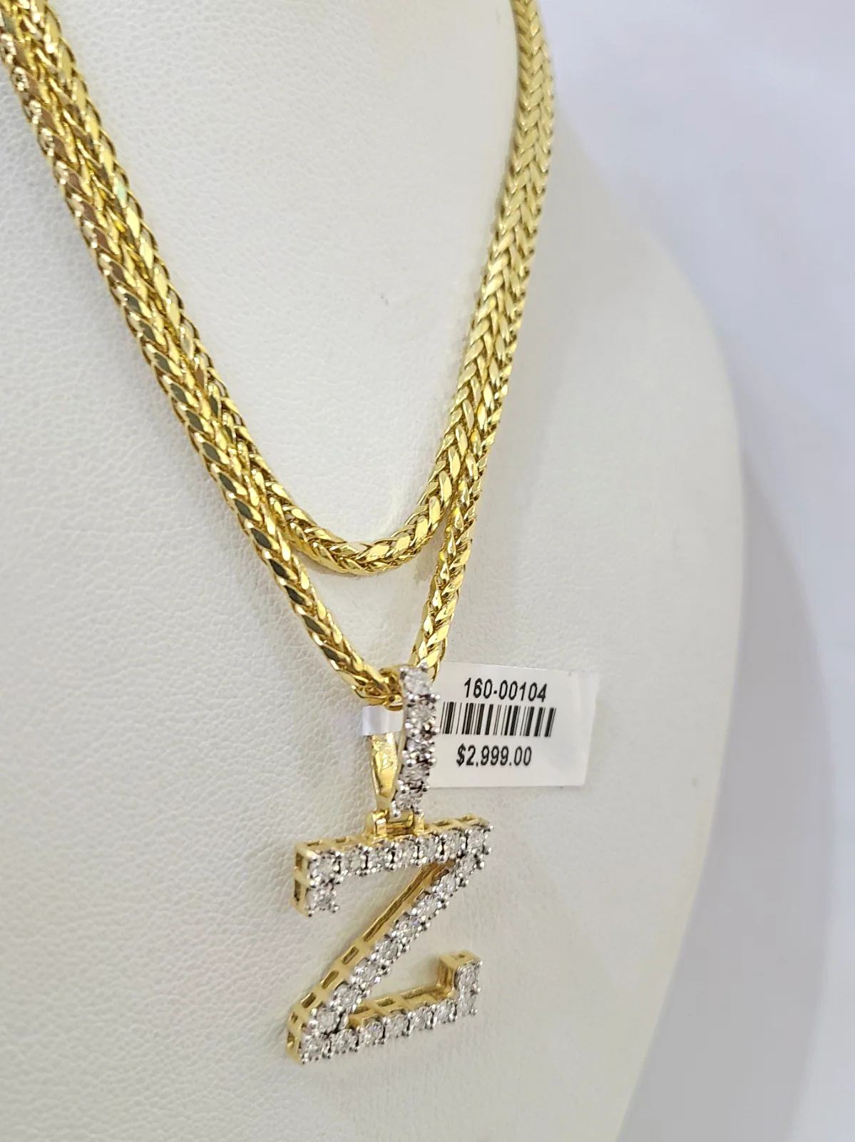 REAL 10k Yellow Gold Palm Chain Z Diamond Initial Pendant Charm 3mm SET Necklace - Image 2