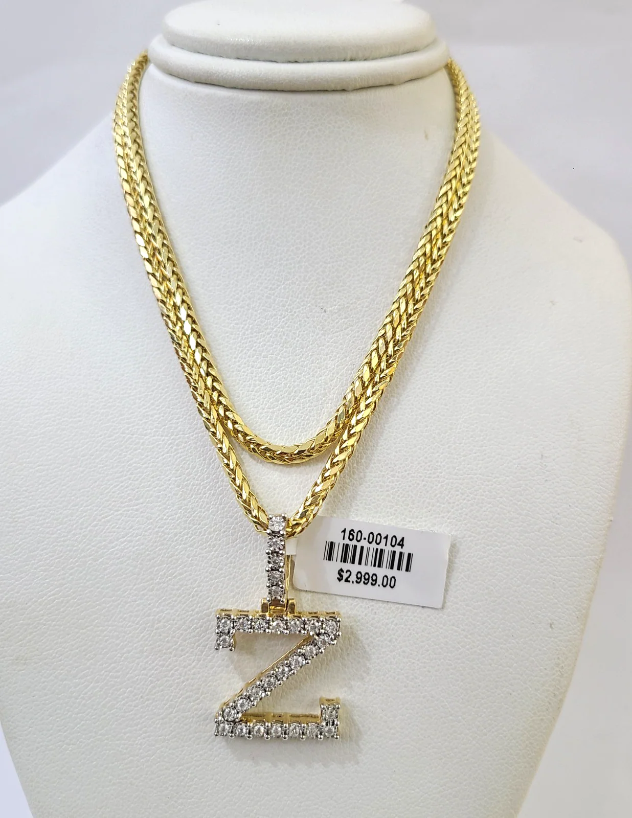 REAL 10k Yellow Gold Palm Chain Z Diamond Initial Pendant Charm 3mm SET Necklace - Image 3