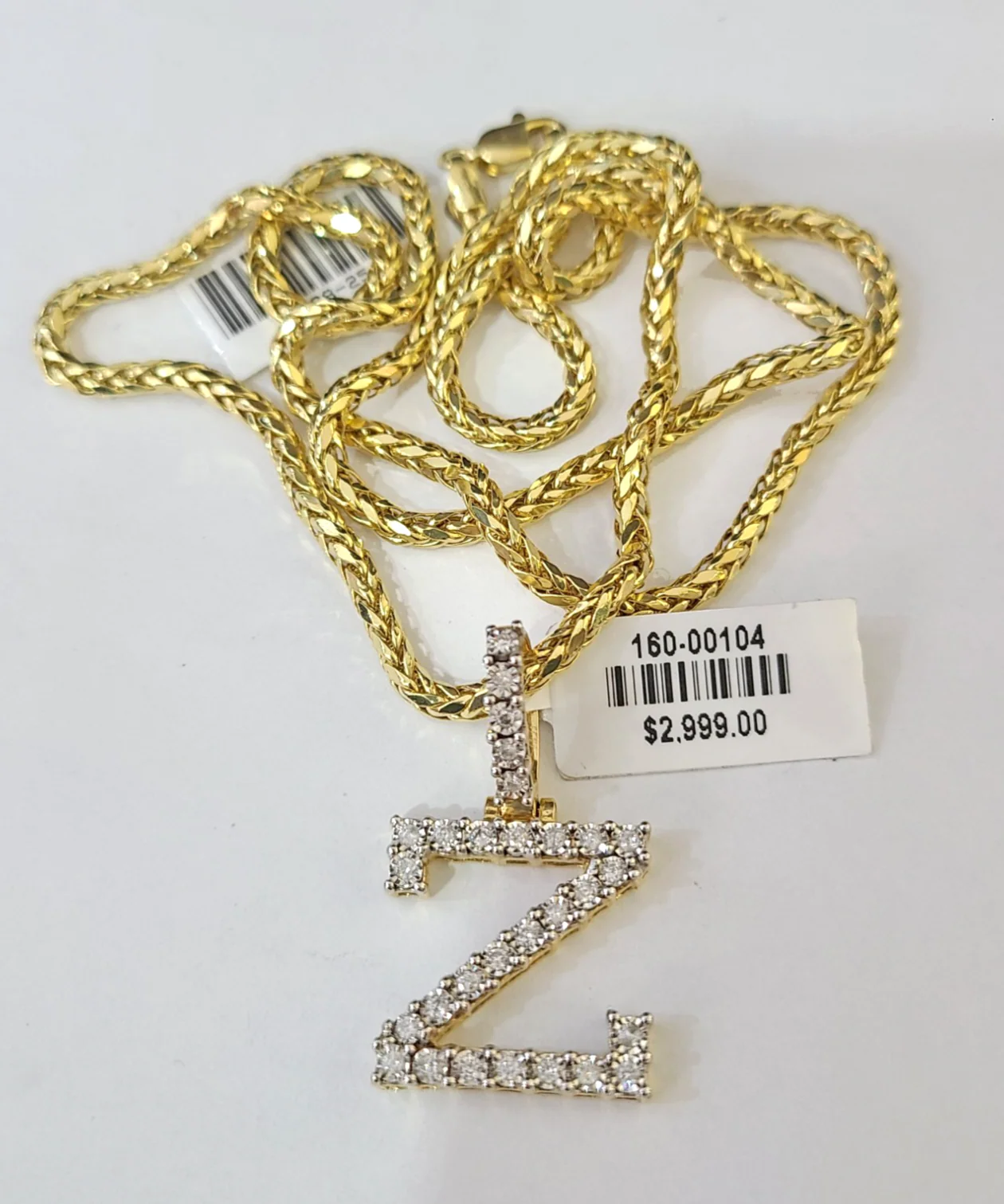 REAL 10k Yellow Gold Palm Chain Z Diamond Initial Pendant Charm 3mm SET Necklace - Image 5