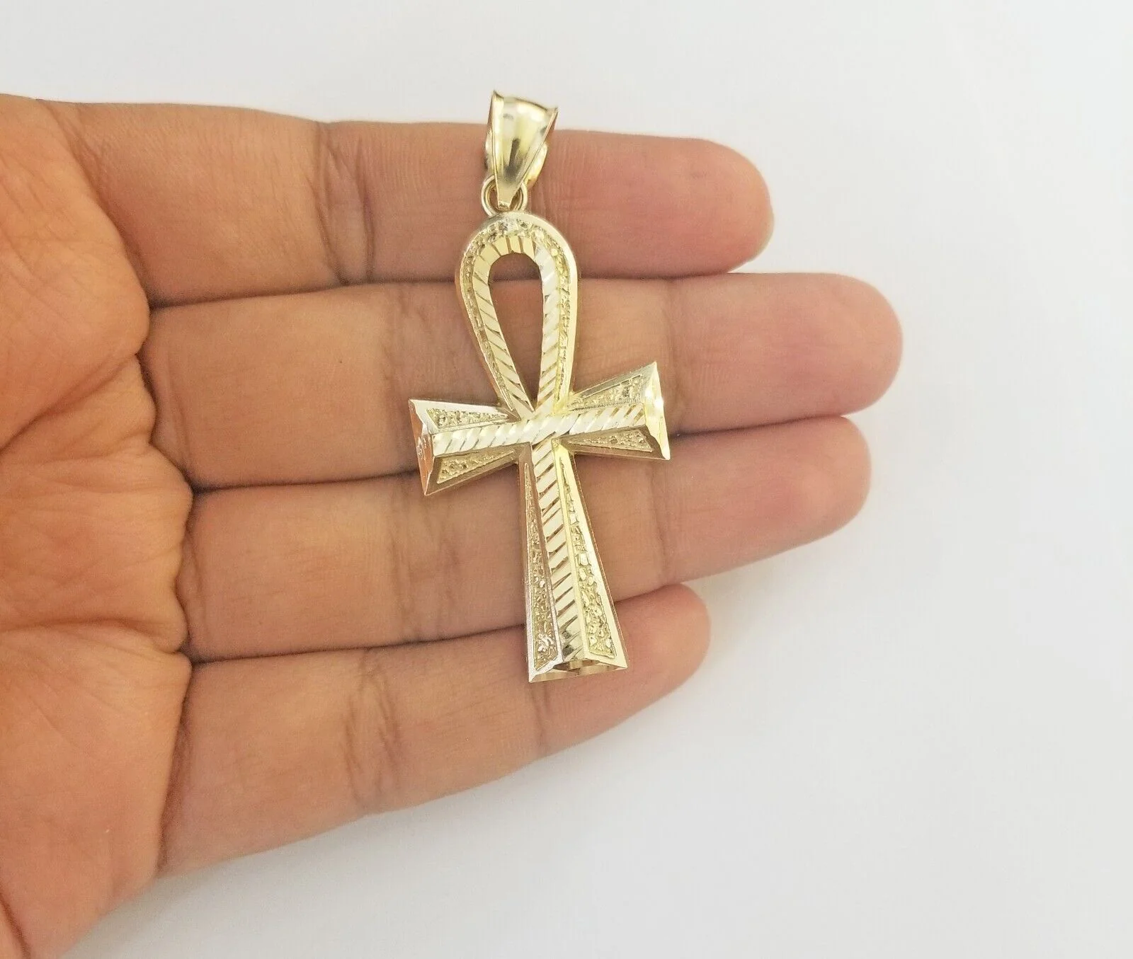 Real 10k Yellow Gold Pendant Ankh Charm Cross Diamond Cut 10kt Gold For Chain - Image 4