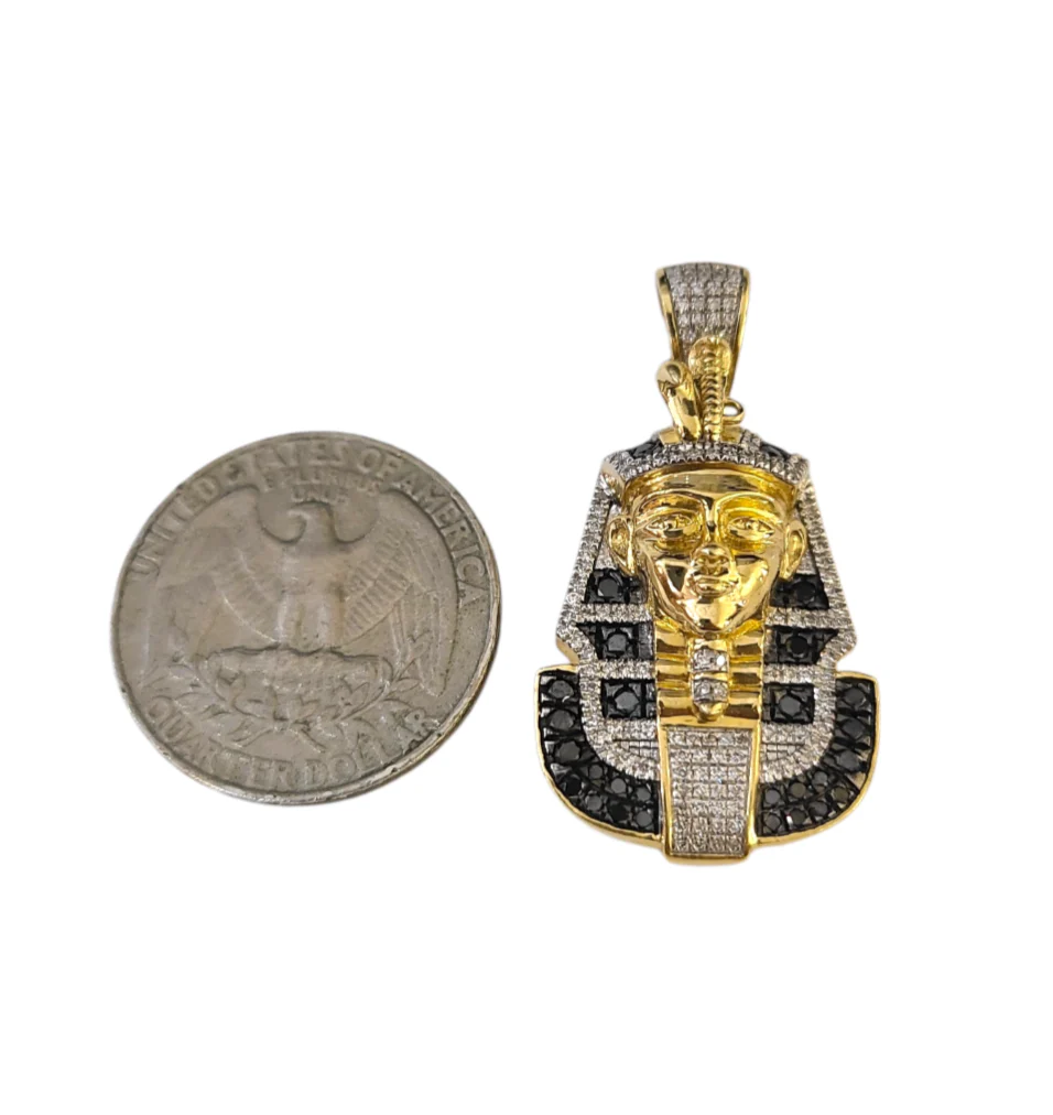 Real 10k Yellow Gold Pharoah Head Charm Pendant Black White Diamonds Men's - Image 3