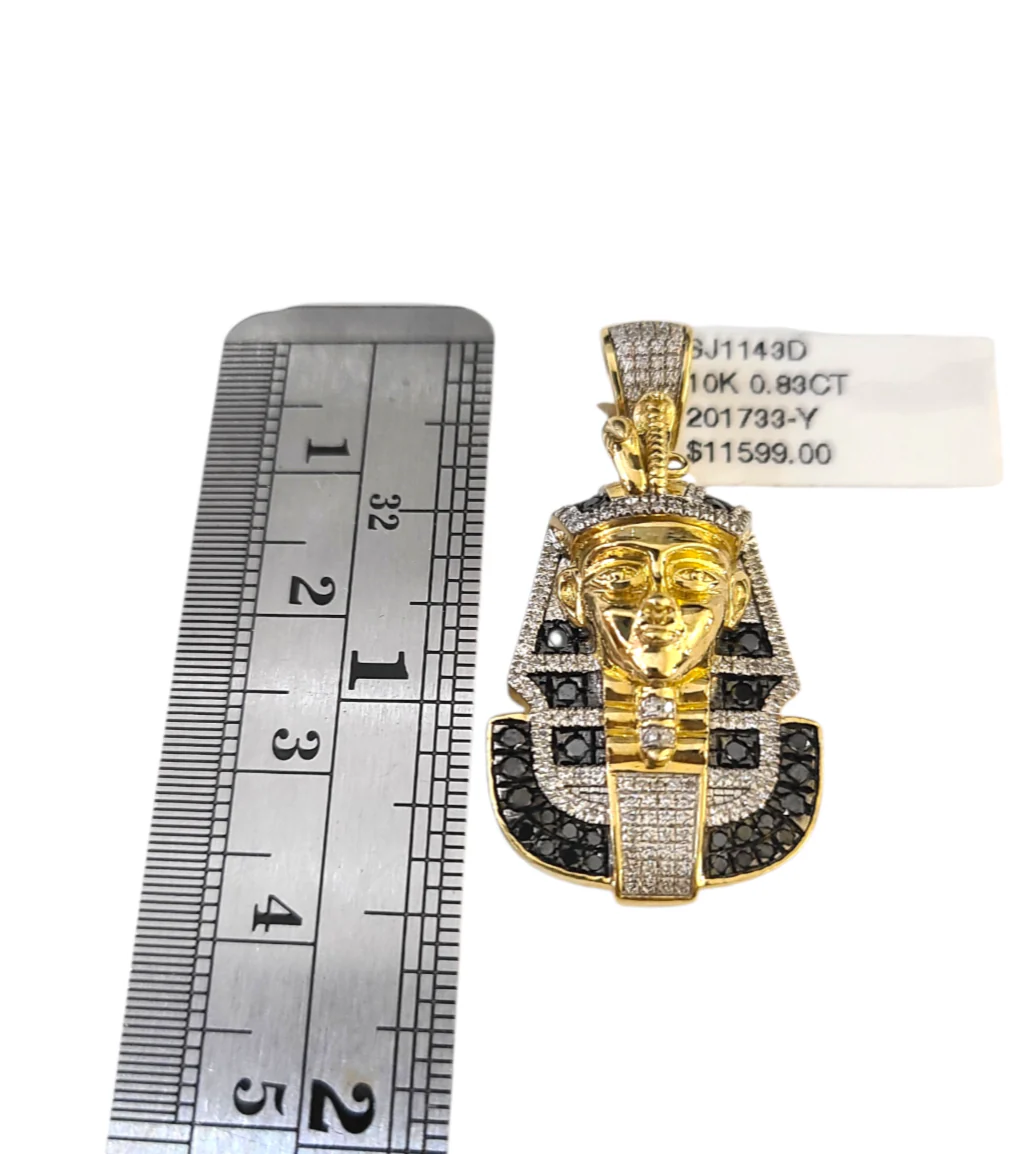 Real 10k Yellow Gold Pharoah Head Charm Pendant Black White Diamonds Men's - Image 4