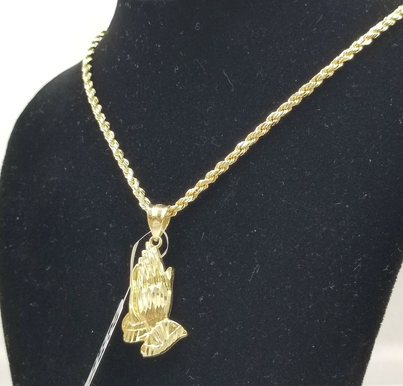 Real 10k Yellow Gold Praying Hand Charm Pendent Rope Chain 2.5mm 18" 20" 22" 24" - Image 11