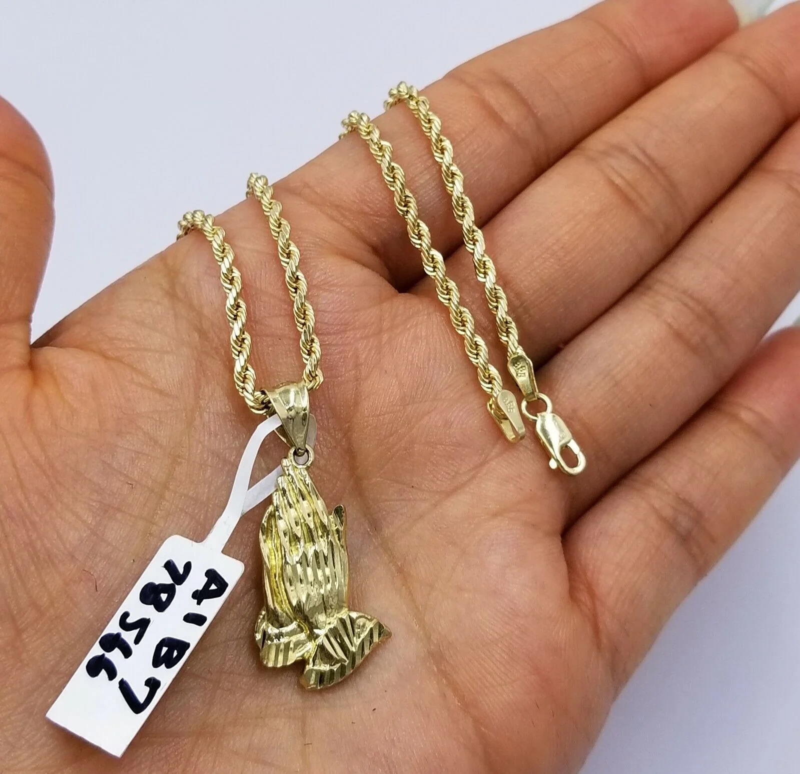 Real 10k Yellow Gold Praying Hand Charm Pendent Rope Chain 2.5mm 18" 20" 22" 24" - Image 8