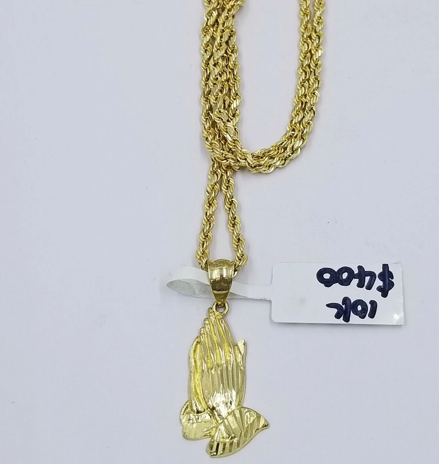 Real 10k Yellow Gold Praying Hand Charm Pendent Rope Chain 2.5mm 18" 20" 22" 24" - Image 9