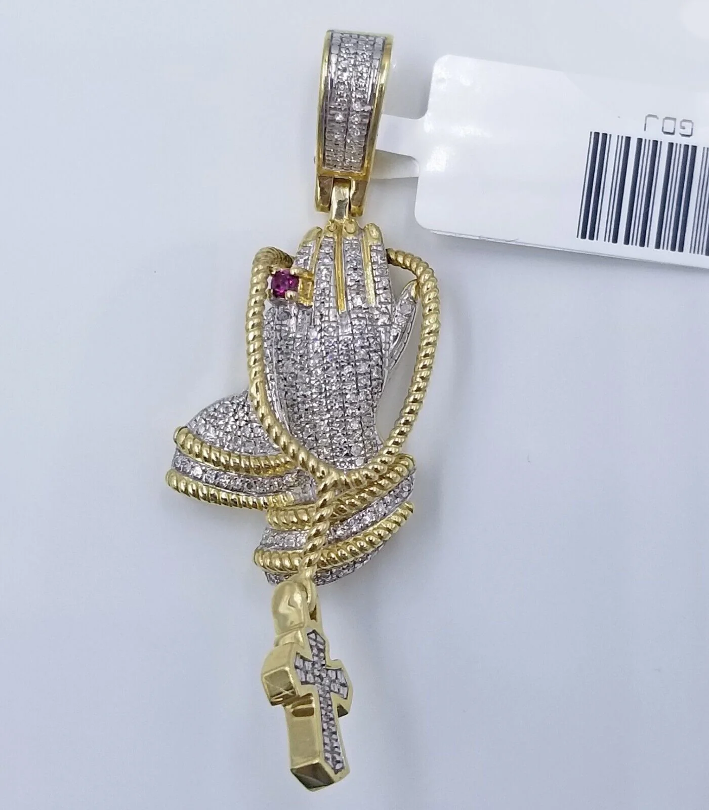 Real 10k Yellow Gold Praying Hand With Cross Pendant Real Diamond Charm - Image 3