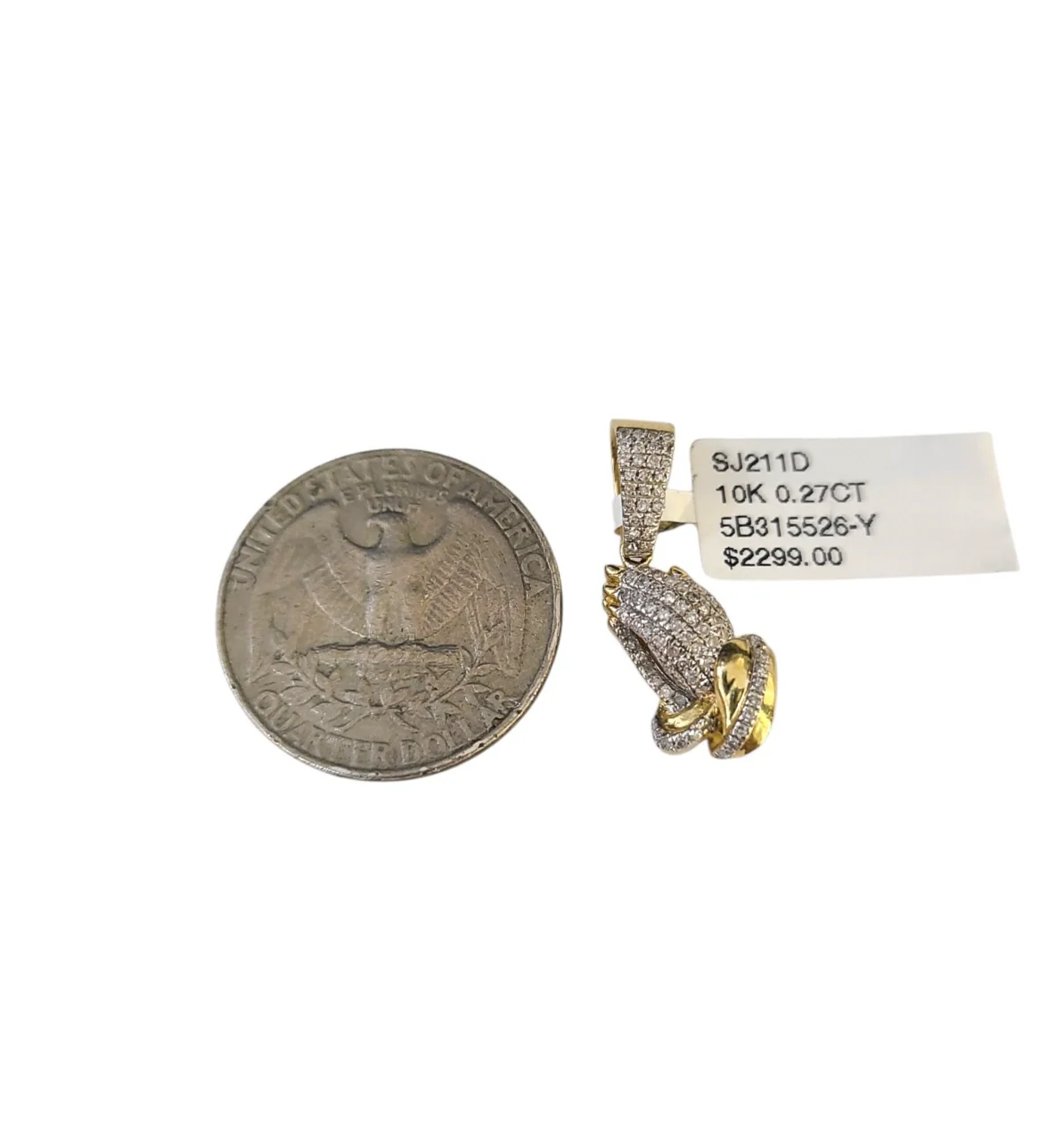 Real 10k Yellow Gold Praying Hands Diamond Charm Pendant 1'' inch Genuine 10kt - Image 3
