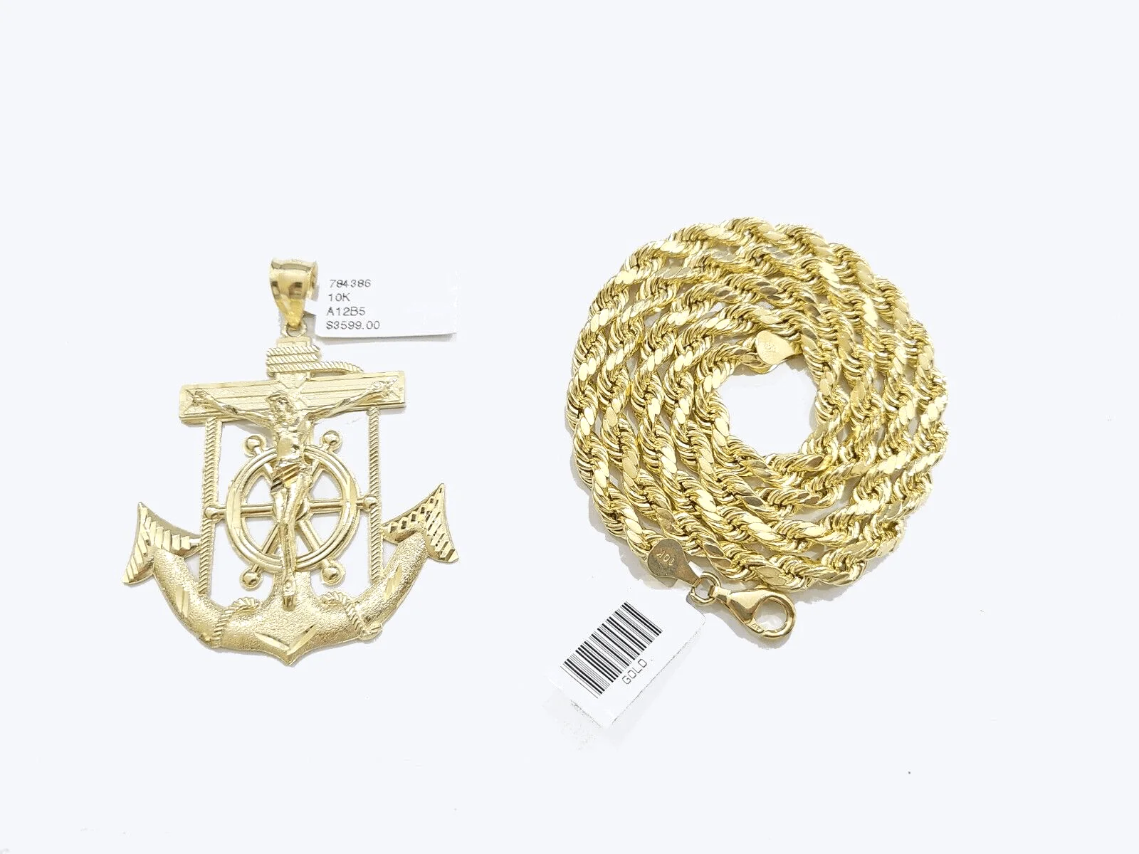 Real 10k Yellow Gold  Rope Chain 22'' Necklace anchor cross charm pendant - Image 5