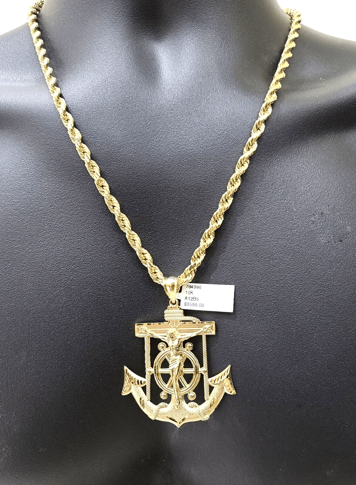 Real 10k Yellow Gold  Rope Chain 22'' Necklace anchor cross charm pendant - Image 3