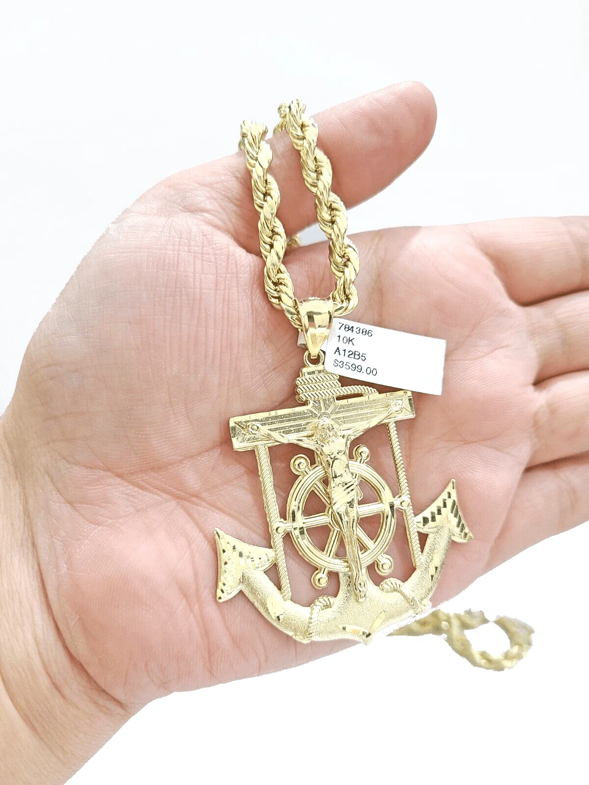 Real 10k Yellow Gold  Rope Chain 22'' Necklace anchor cross charm pendant - Image 4