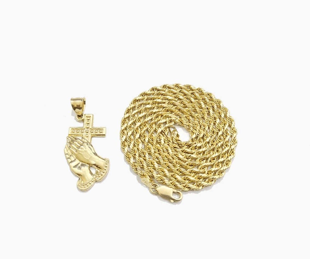 Real 10k Yellow Gold Rope Chain 22'' Necklace Praying Hand Cross Charm Pendant - Image 2