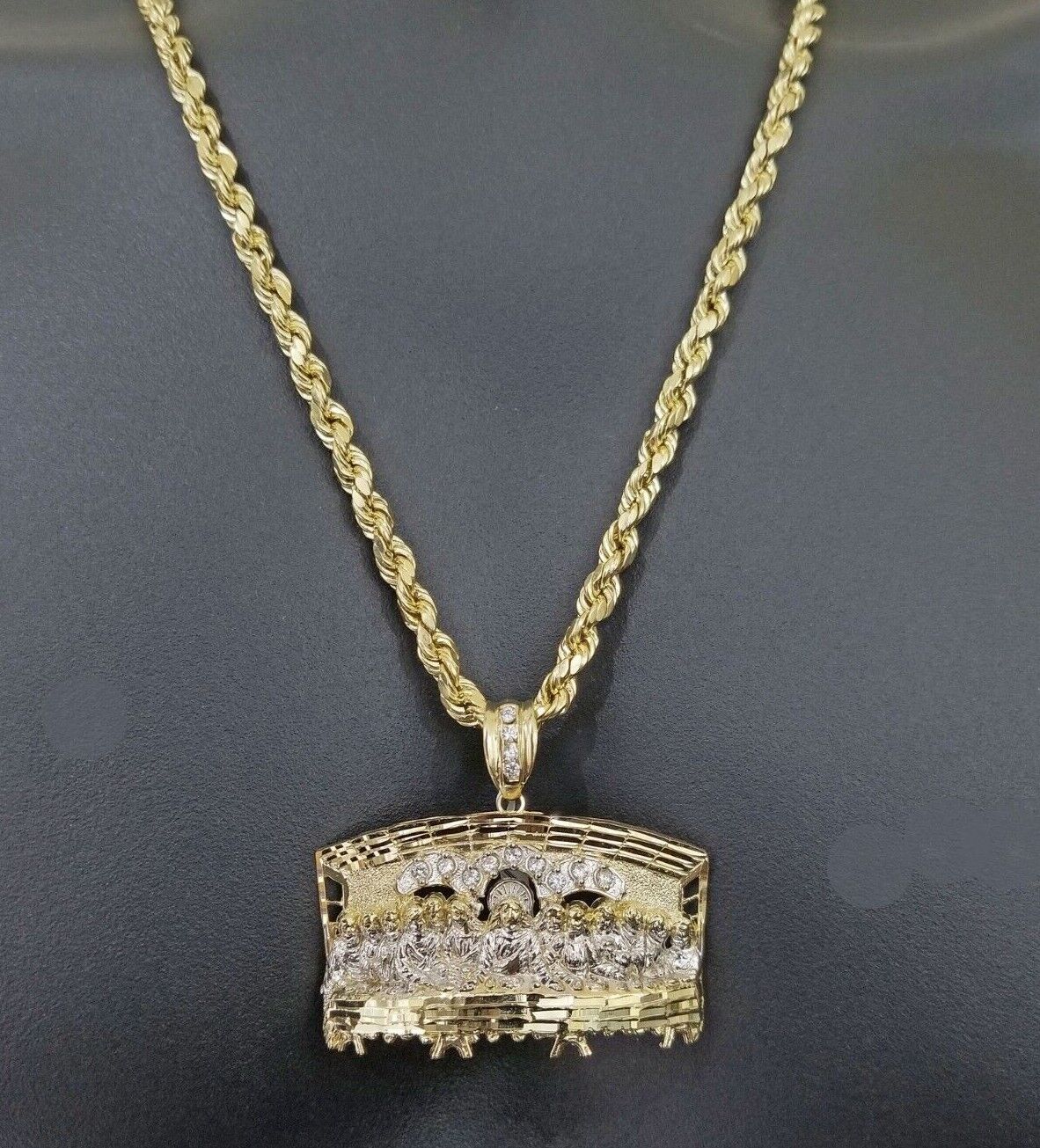 Real 10k Yellow Gold Rope Chain 24" inch Necklace And Charm Last Supper Pendant - Image 2