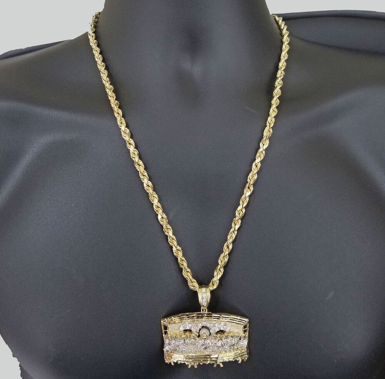 Real 10k Yellow Gold Rope Chain 24" inch Necklace And Charm Last Supper Pendant - Image 4