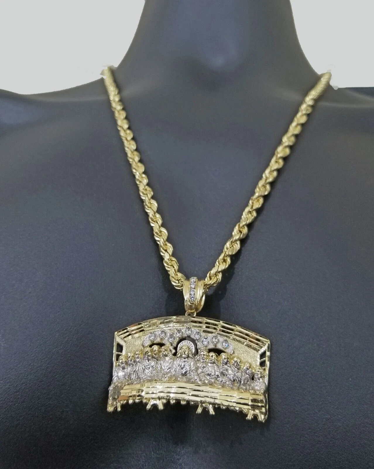 Real 10k Yellow Gold Rope Chain 24" inch Necklace And Charm Last Supper Pendant - Image 5