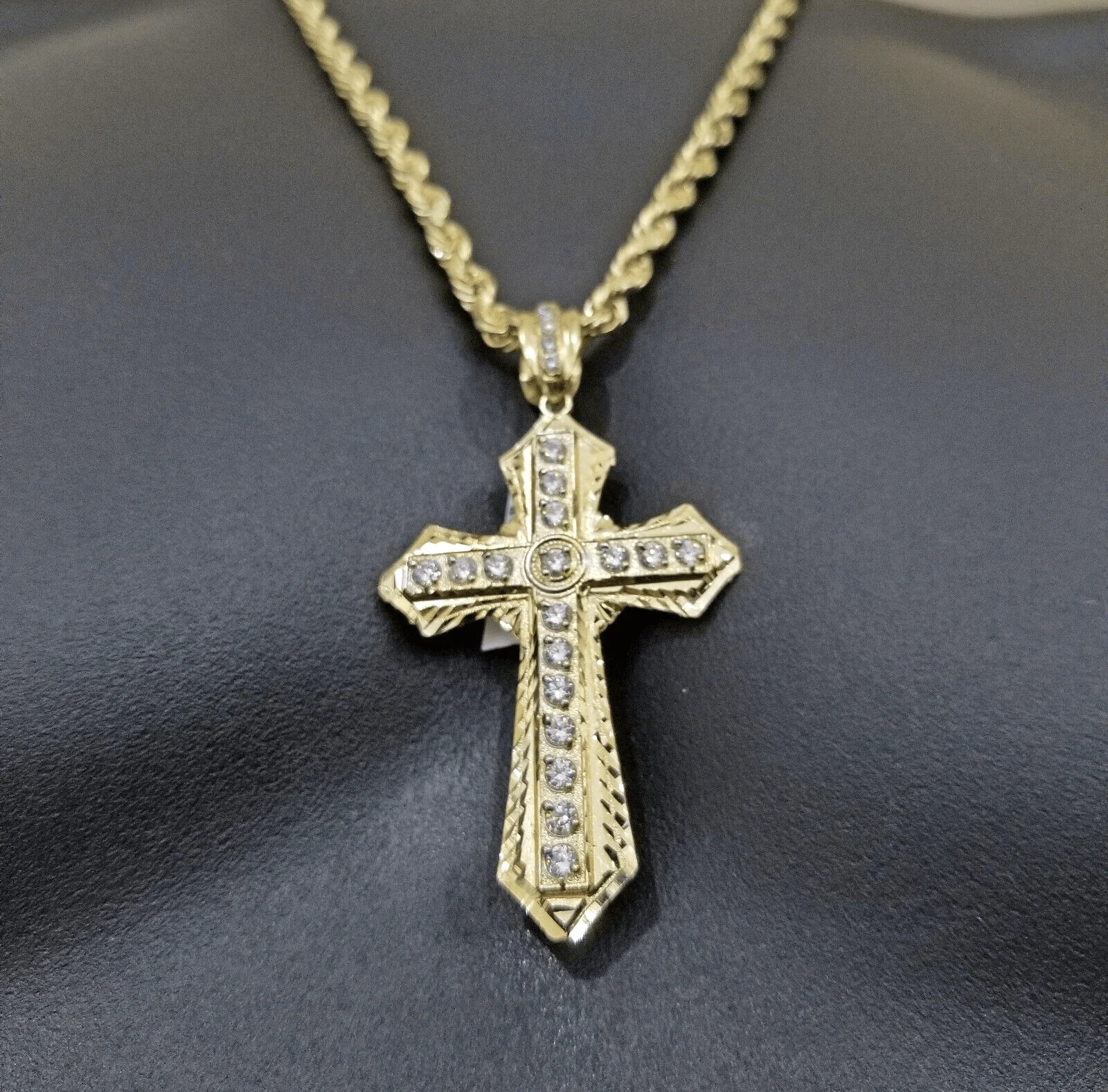 Real 10k Yellow Gold Rope Chain 24" inch Necklace And Cross Pendant 6mm - Image 2