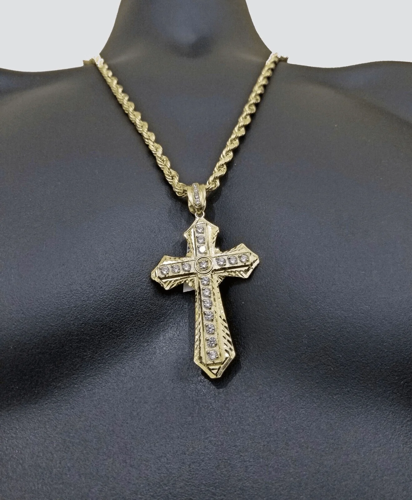 Real 10k Yellow Gold Rope Chain 24" inch Necklace And Cross Pendant 6mm - Image 5