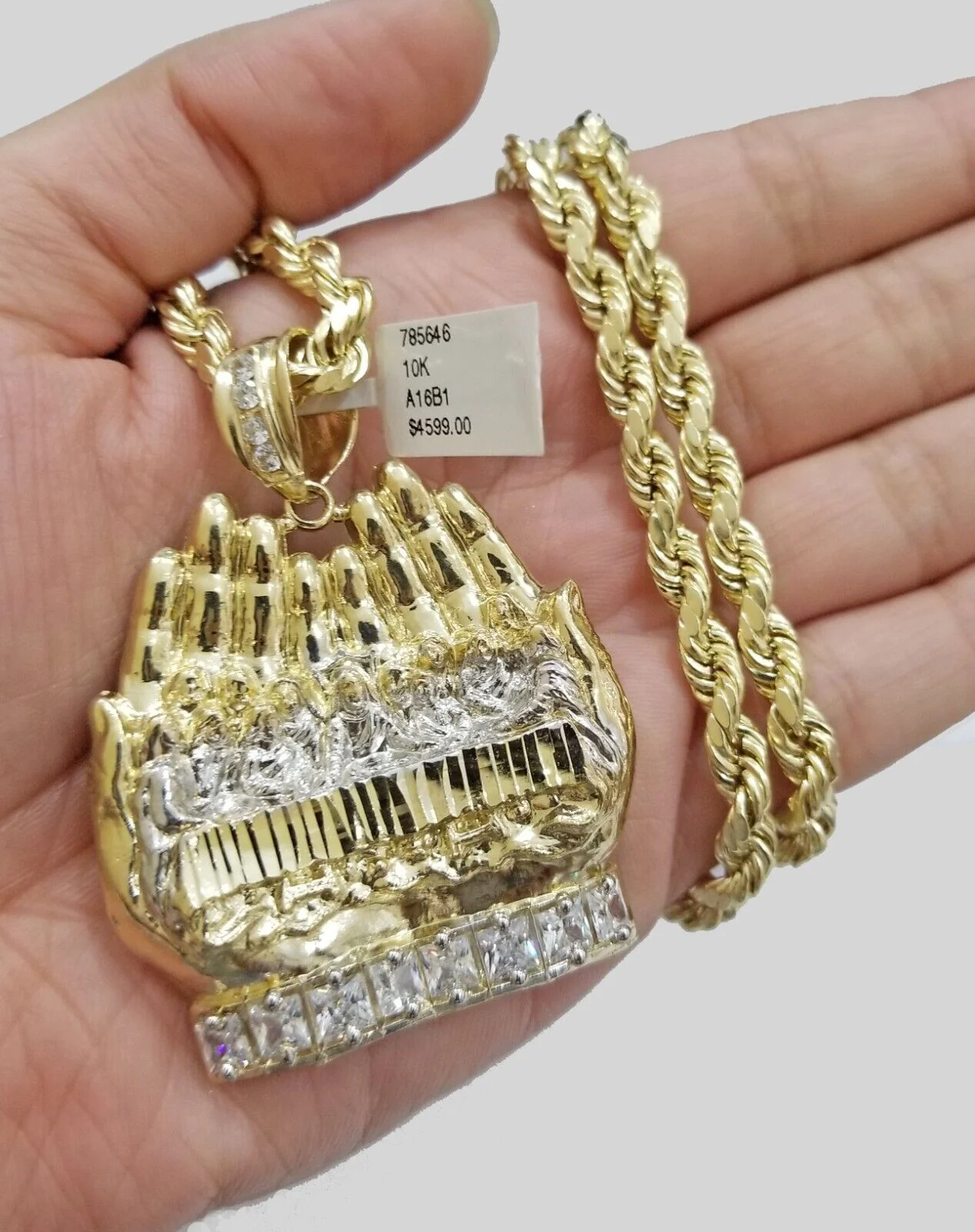 Real 10k Yellow Gold Rope Chain 24" Necklace Praying Hand Last Supper Pendant - Image 2