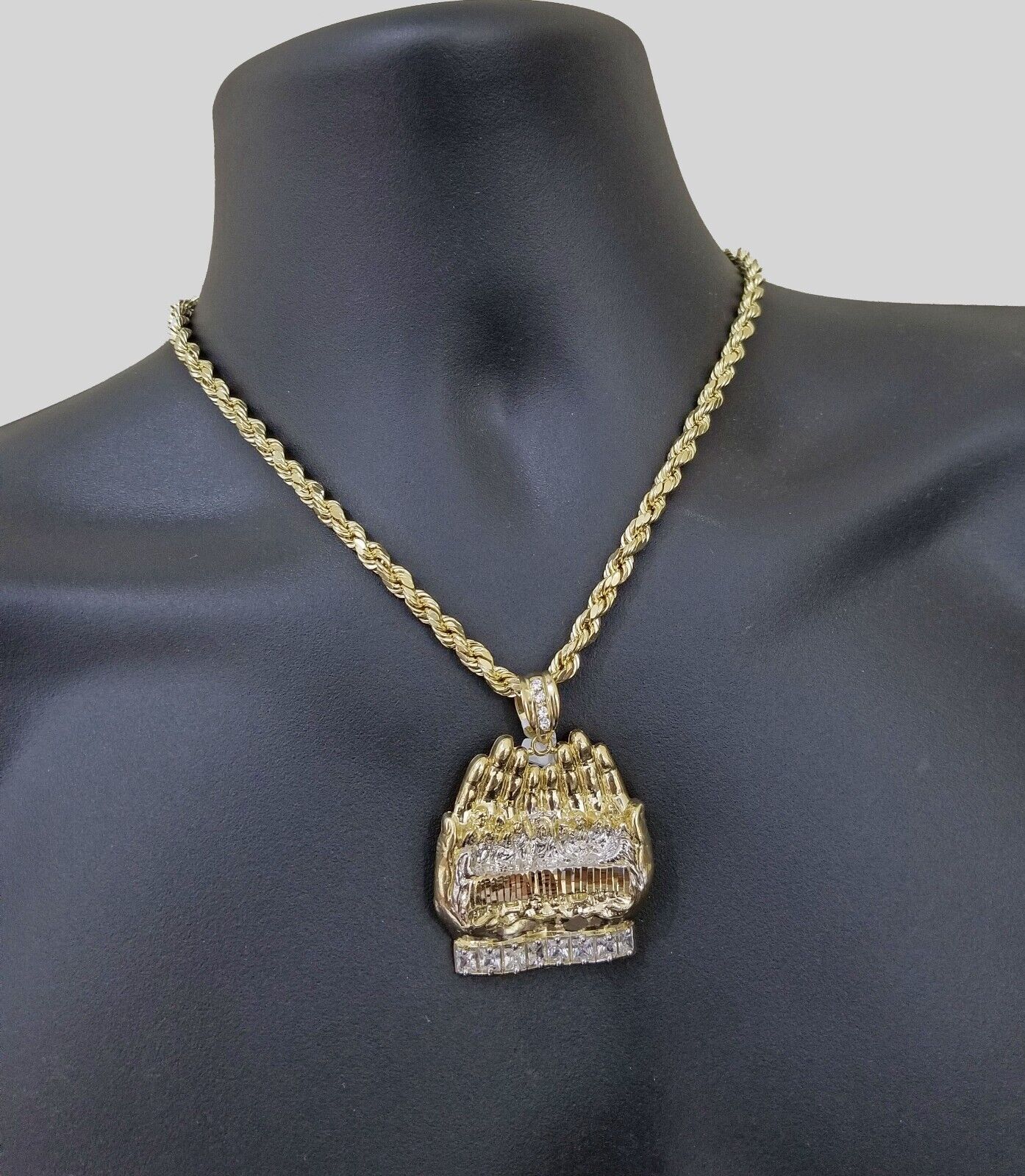Real 10k Yellow Gold Rope Chain 24" Necklace Praying Hand Last Supper Pendant - Image 3