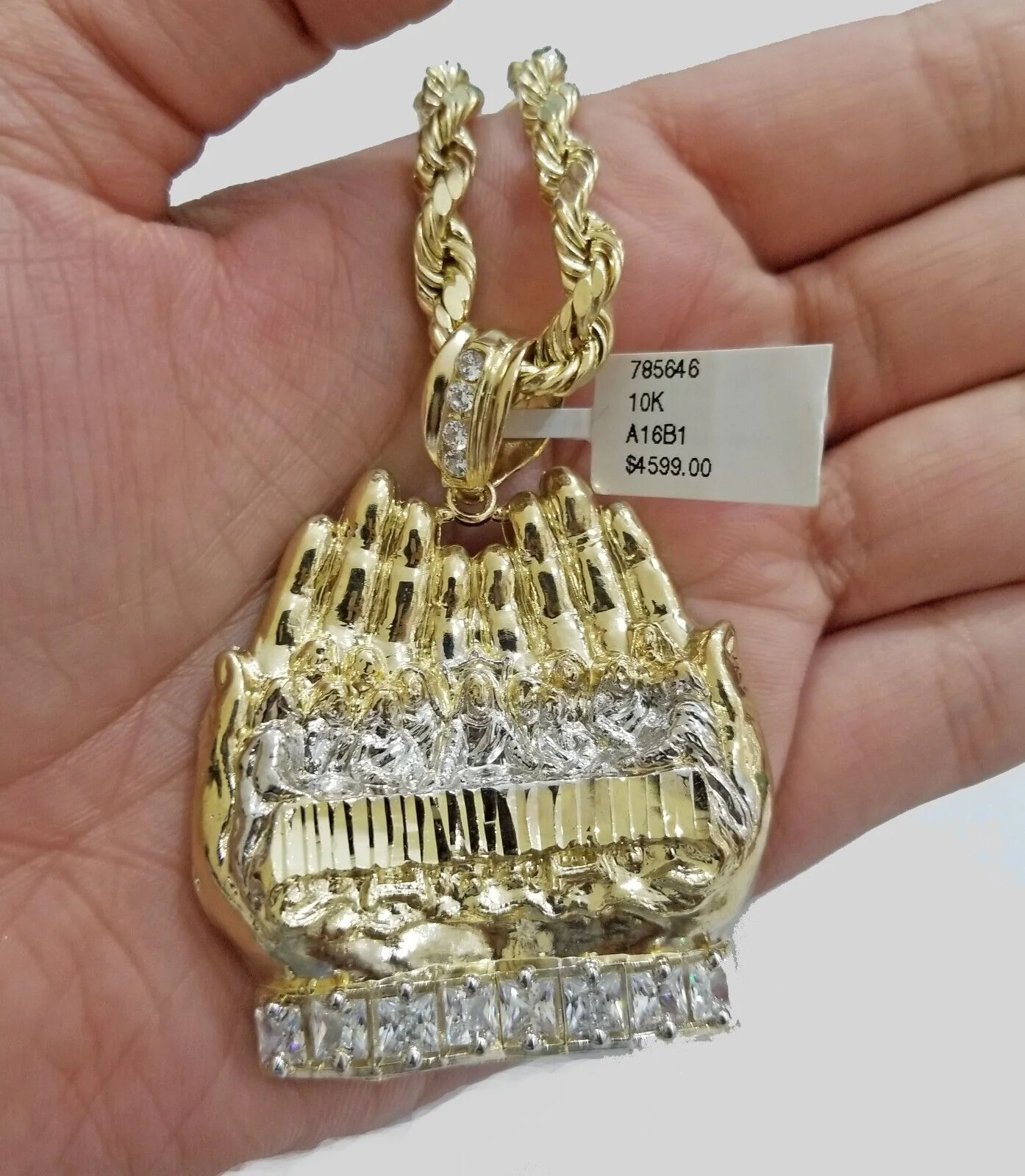 Real 10k Yellow Gold Rope Chain 24" Necklace Praying Hand Last Supper Pendant - Image 4