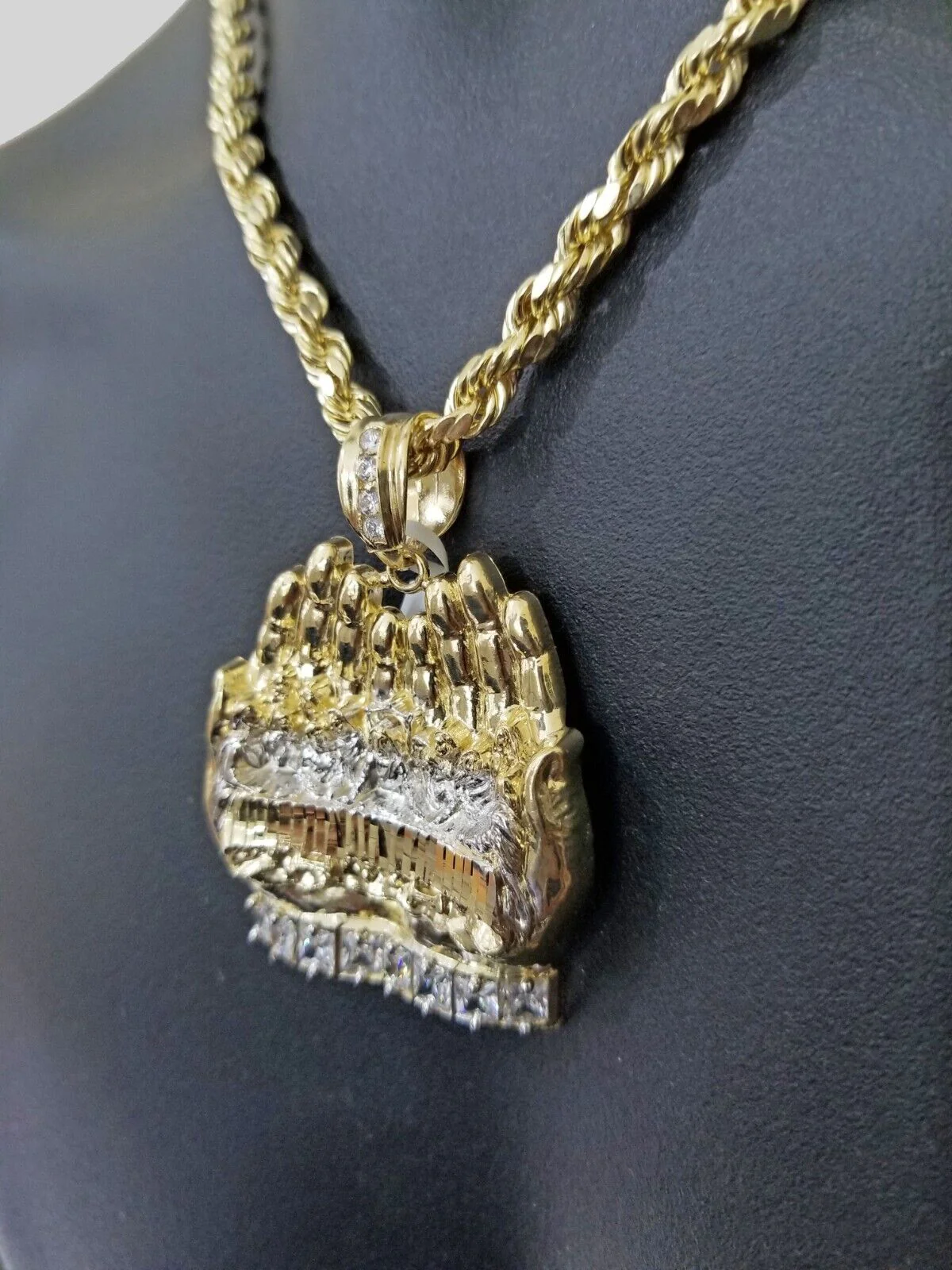 Real 10k Yellow Gold Rope Chain 24" Necklace Praying Hand Last Supper Pendant - Image 5