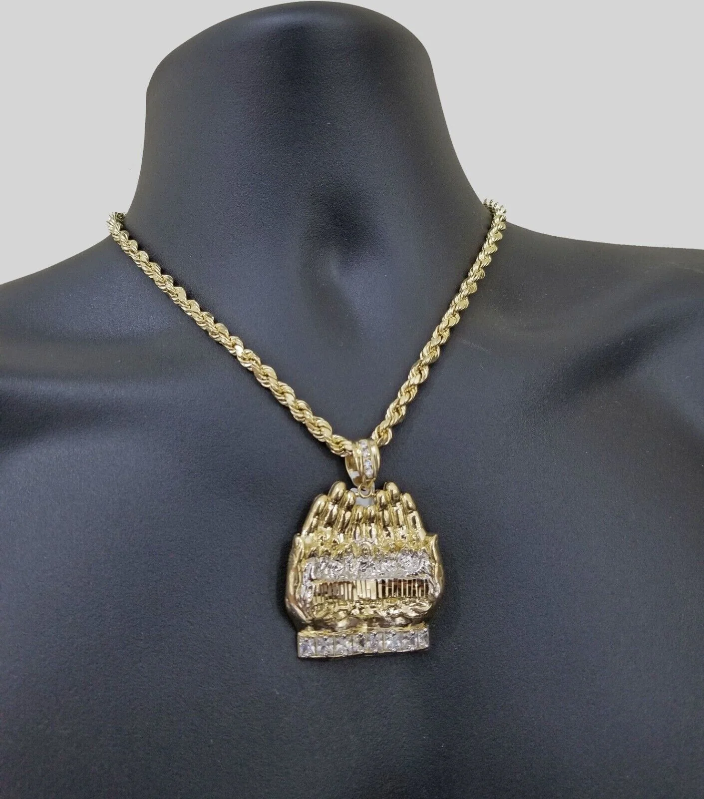Real 10k Yellow Gold Rope Chain 24" Necklace Praying Hand Last Supper Pendant - Image 6