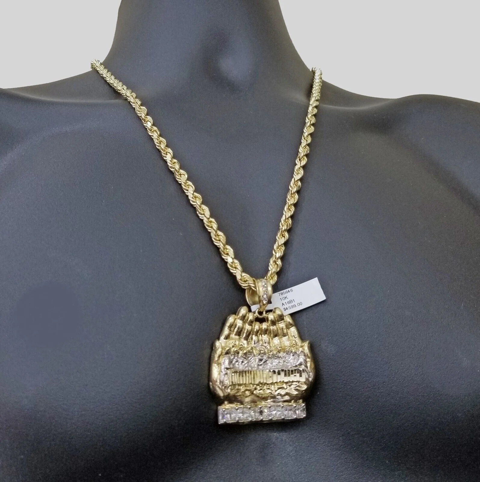 Real 10k Yellow Gold Rope Chain 24" Necklace Praying Hand Last Supper Pendant - Image 7