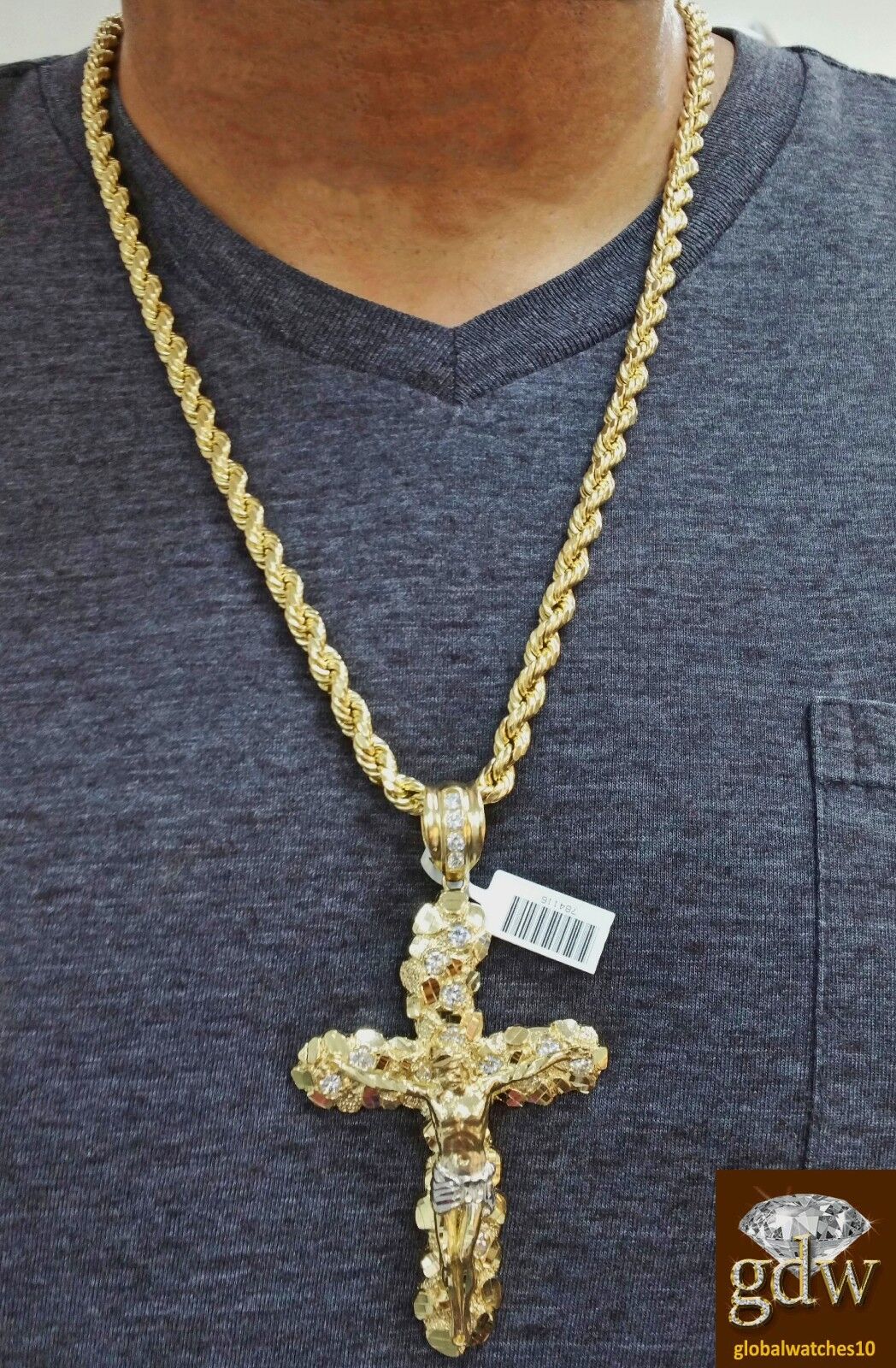 Real 10k Yellow Gold Rope Chain 26" 7mm And Real 10k Jesus Cross - Image 2