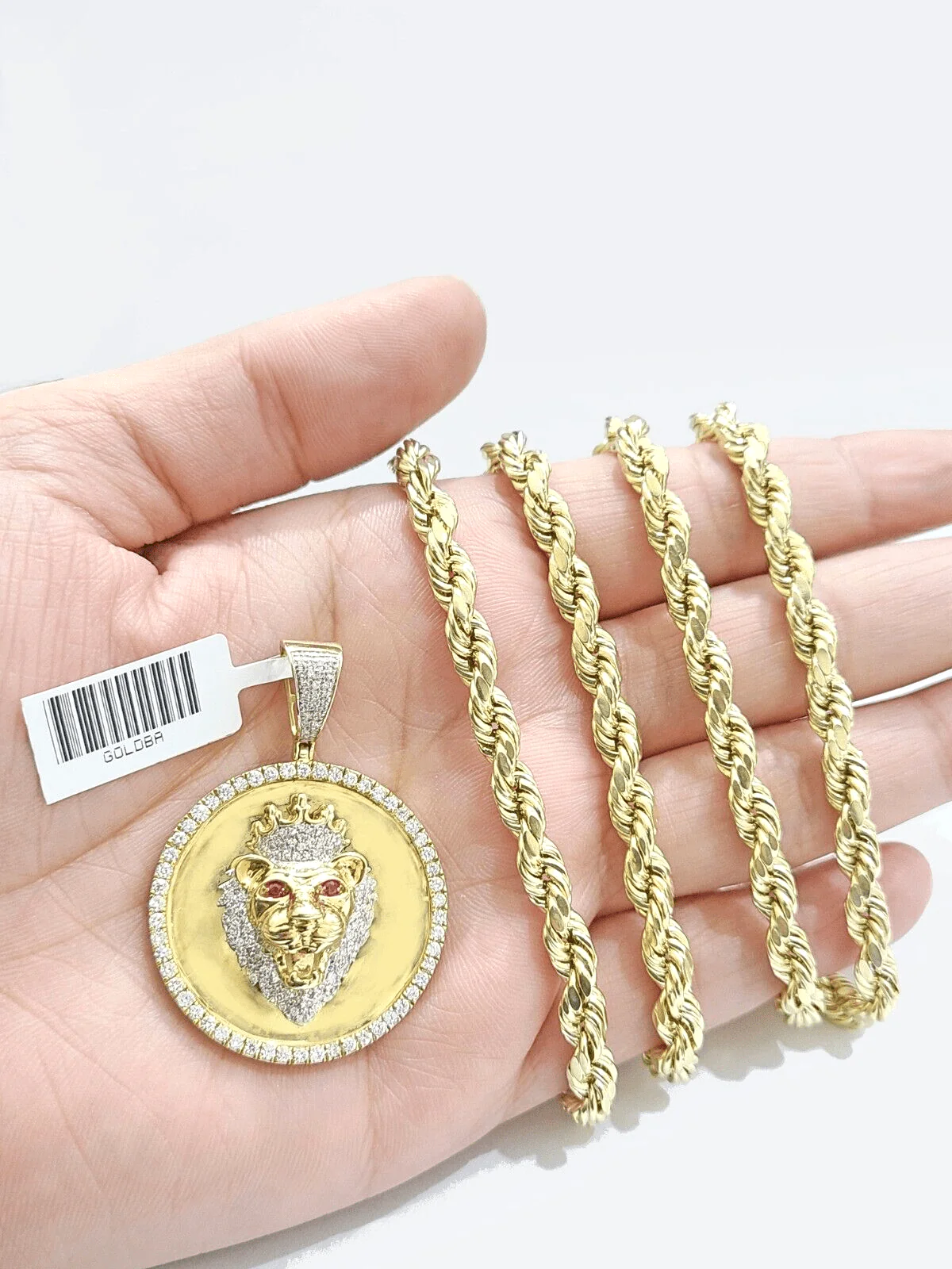 Real 10k Yellow Gold Rope Chain 28'' Necklace Lion Head Charm Diamond Pendant
