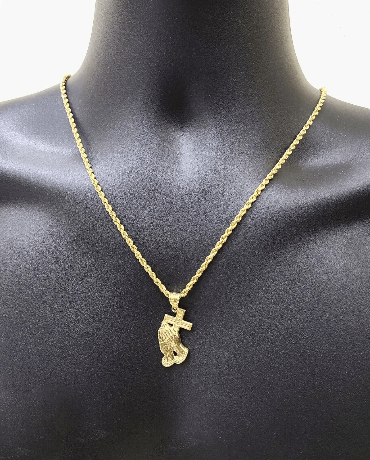 Real 10k Yellow Gold Rope Chain 28'' Necklace Praying Hand Cross Charm Pendant - Image 2
