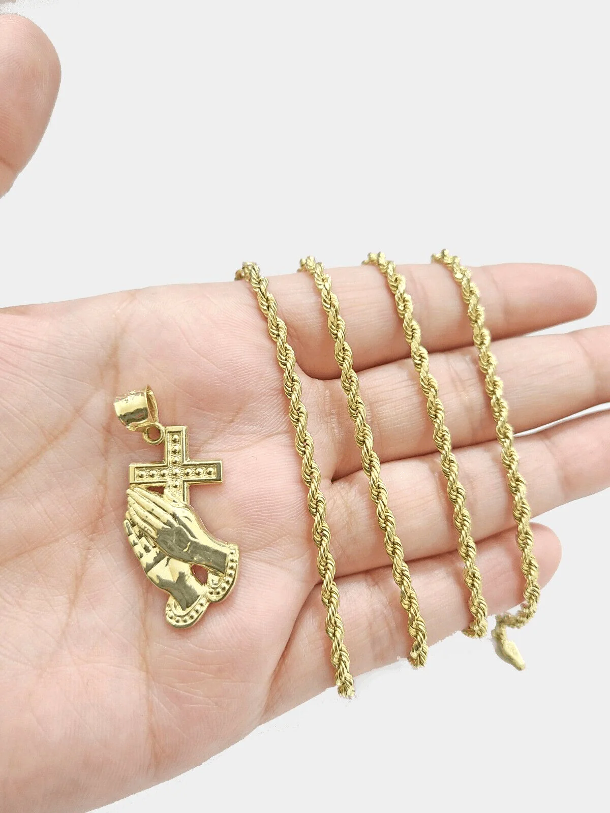 Real 10k Yellow Gold Rope Chain 28'' Necklace Praying Hand Cross Charm Pendant - Image 3