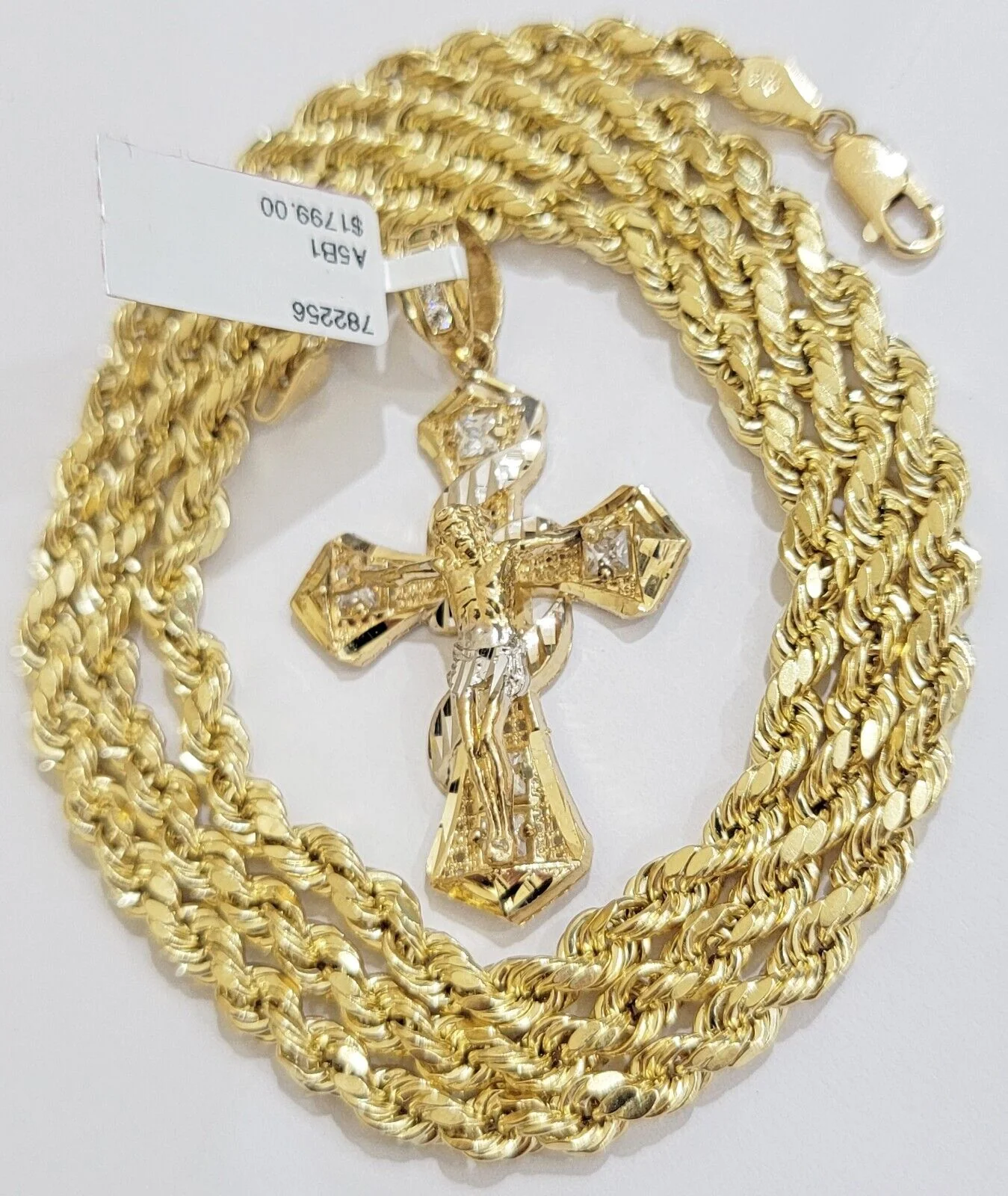 Real 10k Yellow Gold Rope Chain 5mm 24 inch Necklace & Jesus Cross Charm Pendant Set - Image 3